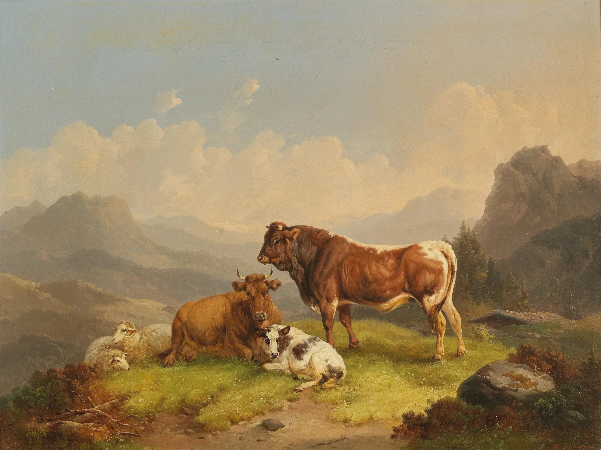 Weidevieh auf der Alm Weidevieh auf der Alm by Wilhelm Melchior. A group of cattle and sheep rest on a sunlit grassy slope against a backdrop of hazy, towering mountains.