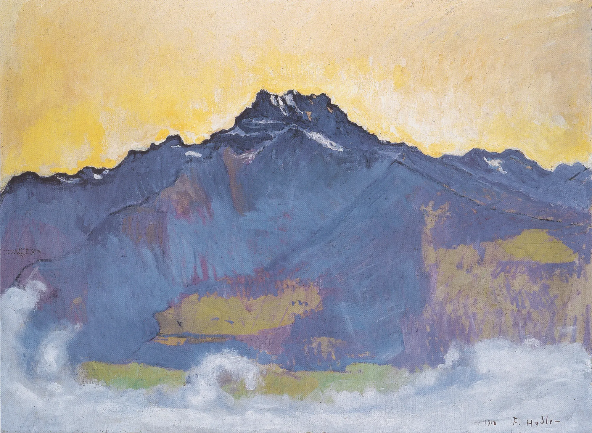 The Dents du Midi Seen from Chesières The Dents du Midi Seen from Chesières by Ferdinand Hodler. A monumental blue mountain peak rises above a sea of white mist under a luminous, glowing yellow sky.