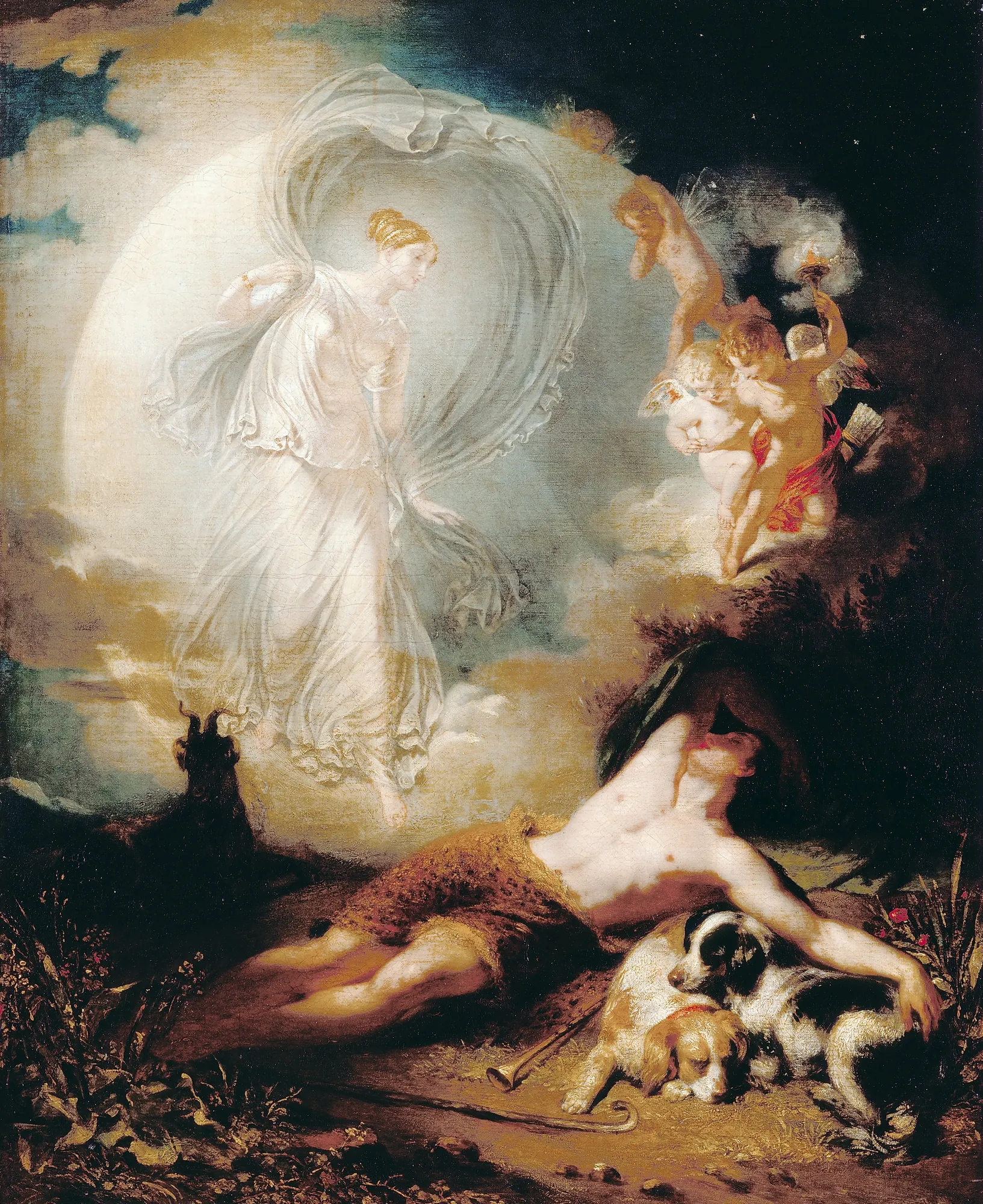 Endymion Endymion by John Wood. A mythological scene featuring a sleeping man guarded by dogs while a luminous goddess descends from a full moon, accompanied by cherubs.