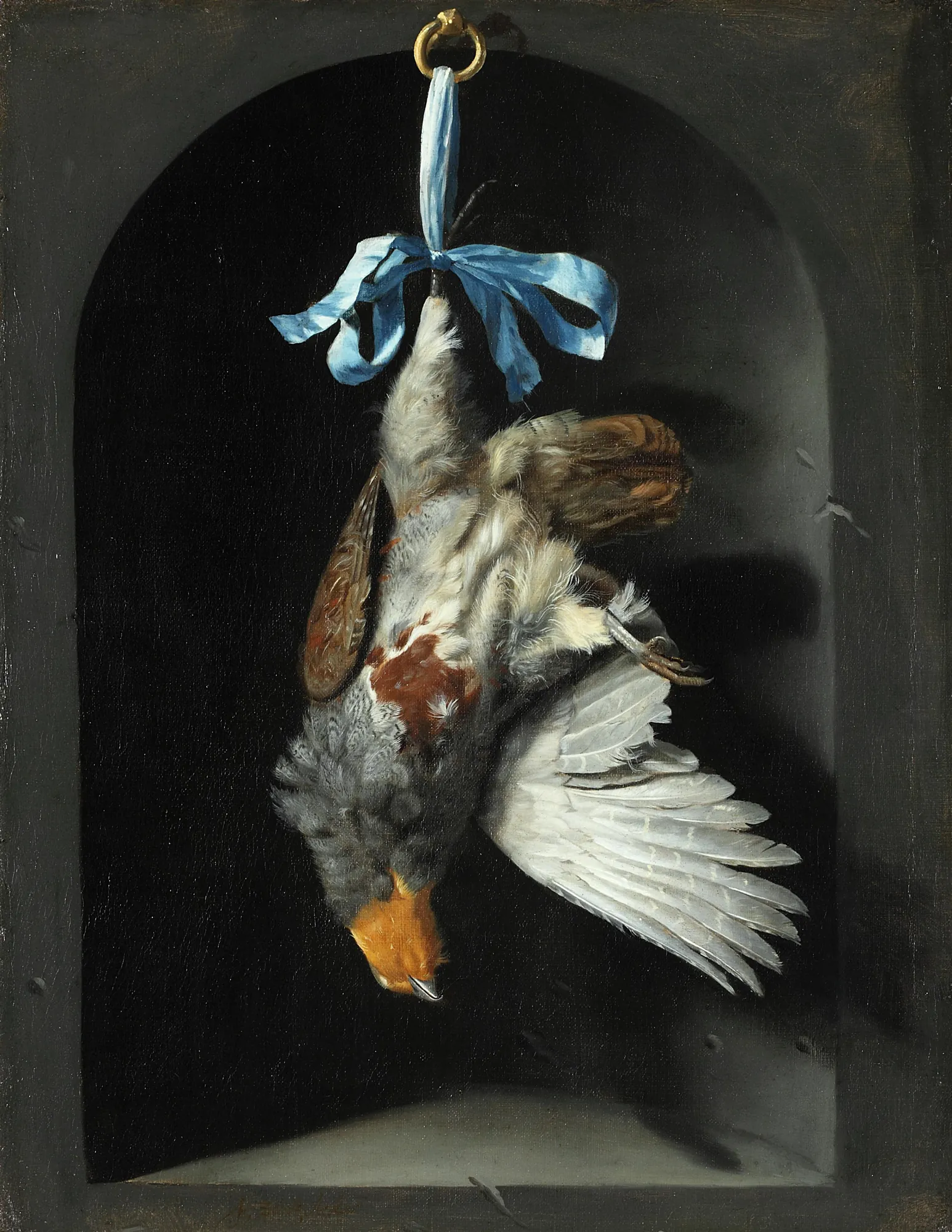 Still Life with a Partridge Still Life with a Partridge by Frans Sant-Acker. A partridge hangs suspended by a bright blue ribbon from a gold ring inside a dark, arched architectural niche.