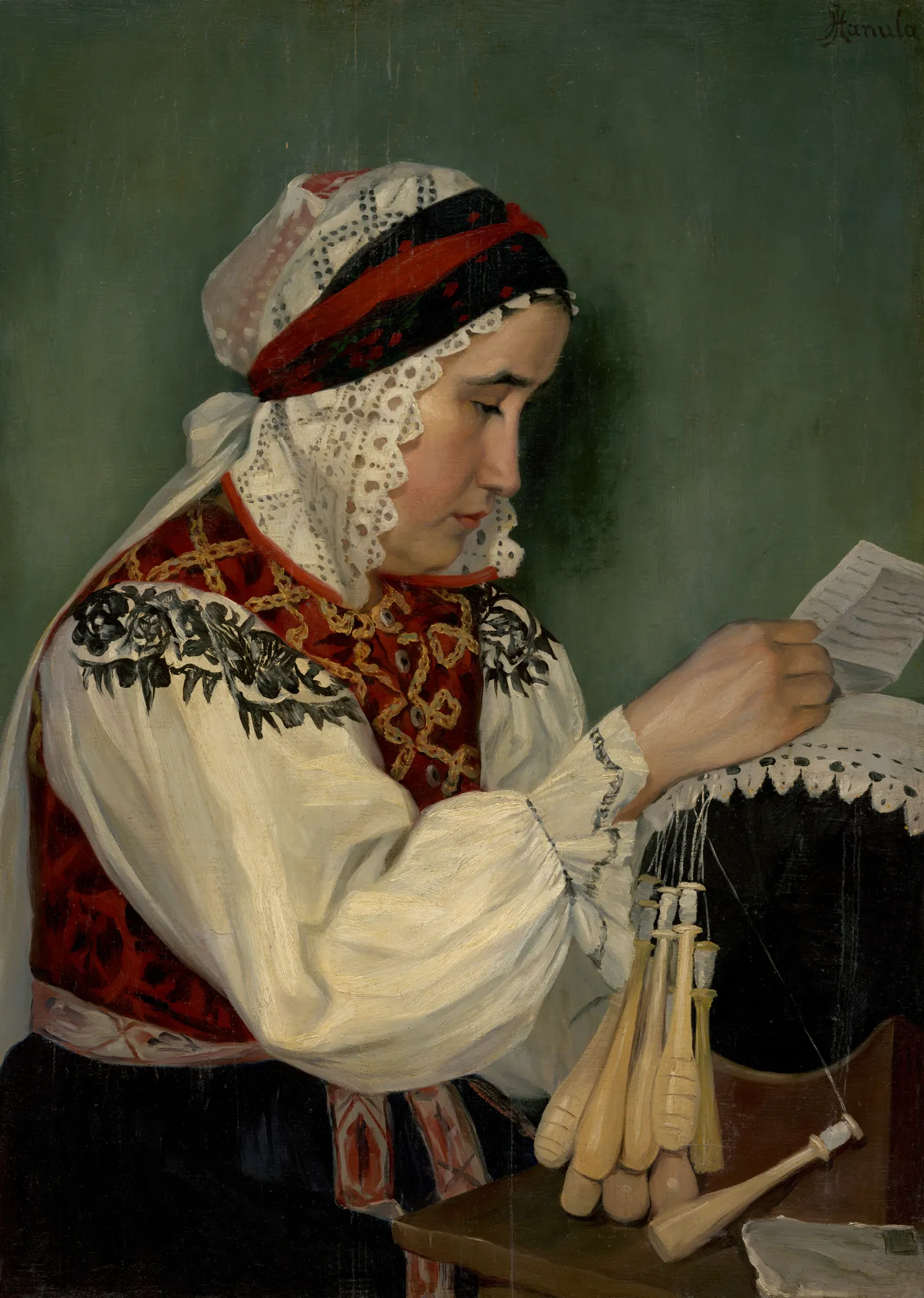 Letter from America Letter from America by Jozef Hanula. A young woman in intricate traditional Slovak folk dress sits in profile, intently reading a letter while her lace-making bobbins rest on a pillow before her.
