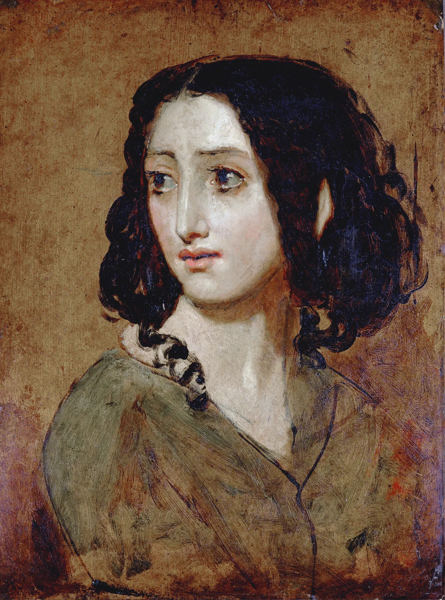 Mademoiselle Rachel Mademoiselle Rachel by William Etty. A soulful oil portrait of a young woman with dark curls, her head turned in profile against a warm, textured background.