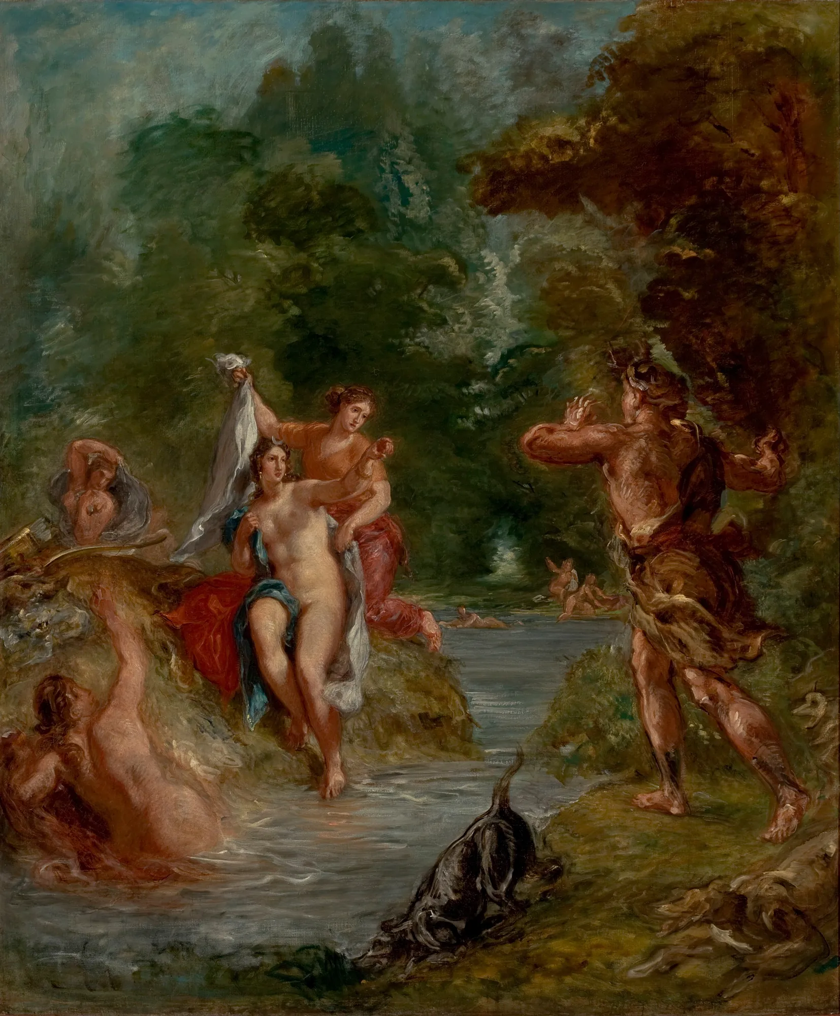 Summer: Diana Surprised by Actaeon Summer: Diana Surprised by Actaeon by Eugène Delacroix. A mythological scene depicts the goddess Diana and her nymphs bathing in a stream, startled by the hunter Actaeon emerging from the woods.