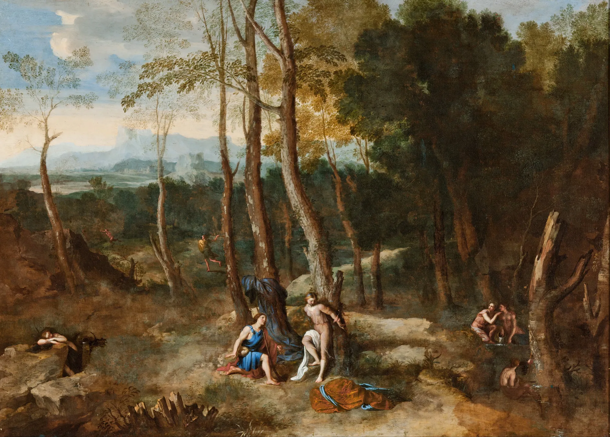 Aminta about to Rescue Silvia Aminta about to Rescue Silvia by Gaspard Dughet. A classical landscape painting featuring a man in blue approaching a woman tied to a tree, set against a backdrop of dense woods and distant mountains.