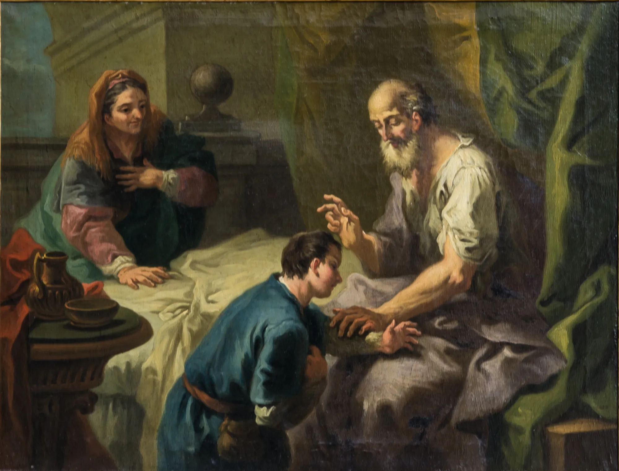 Isaac Blessing Jacob Isaac Blessing Jacob by Bartolomeo Altomonte. An elderly bearded man sits in a draped interior, extending his hand to bless a young man kneeling before him while a woman watches from the background.
