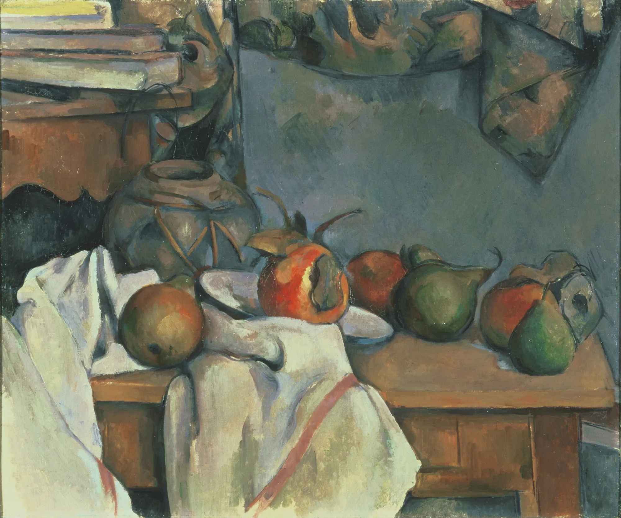 Ginger Pot with Pomegranate and Pears Ginger Pot with Pomegranate and Pears by Paul Cézanne. A still life arrangement featuring fruit, a patterned ceramic ginger pot, and white draped cloth on a rustic wooden table.