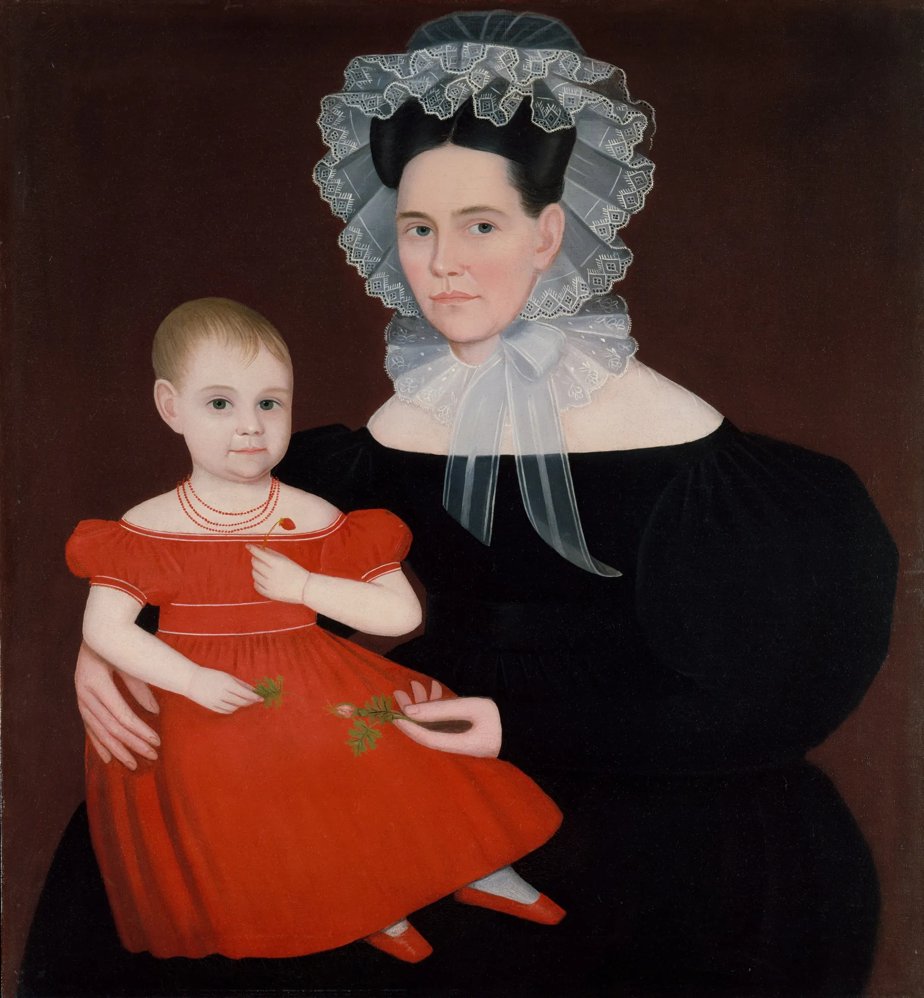 Mrs. Mayer and Daughter Mrs. Mayer and Daughter by Ammi Phillips. A 19th-century folk art portrait of a woman in a black dress and elaborate lace bonnet holding a young child in a vibrant red frock.