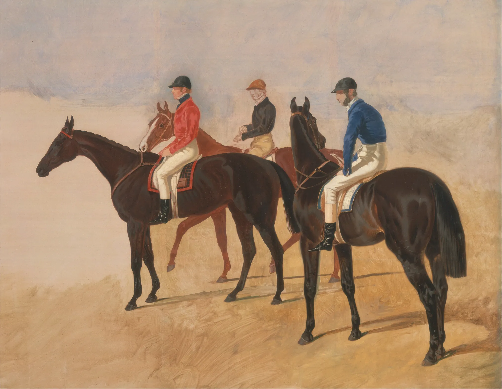 Steeplechase Cracks Steeplechase Cracks by John Frederick Herring, Sr.. Three jockeys in distinctive riding silks sit atop their horses against a soft, atmospheric sky and landscape.