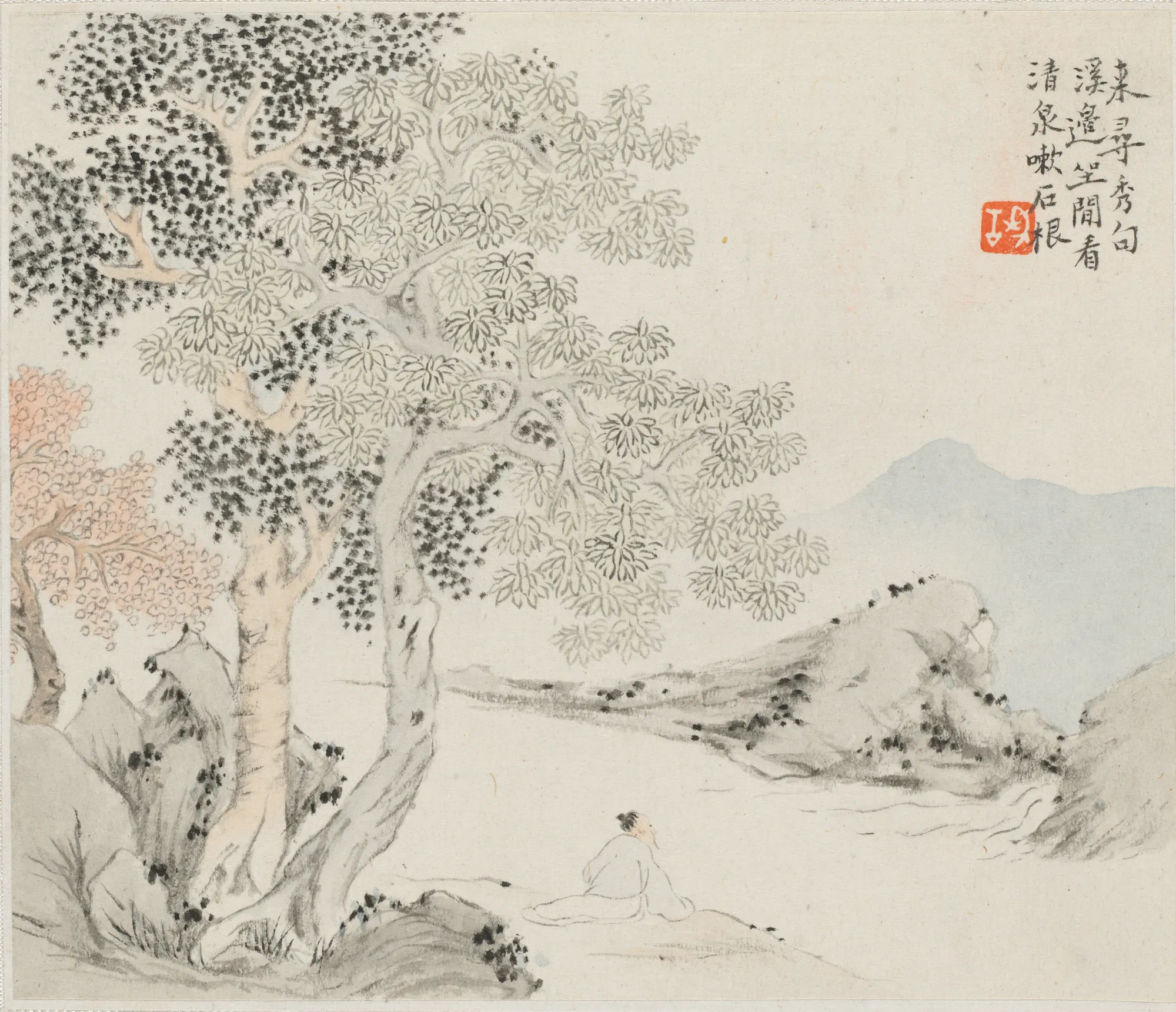 Three Big Trees, a Stream with an Old Man Sitting on the Bank
