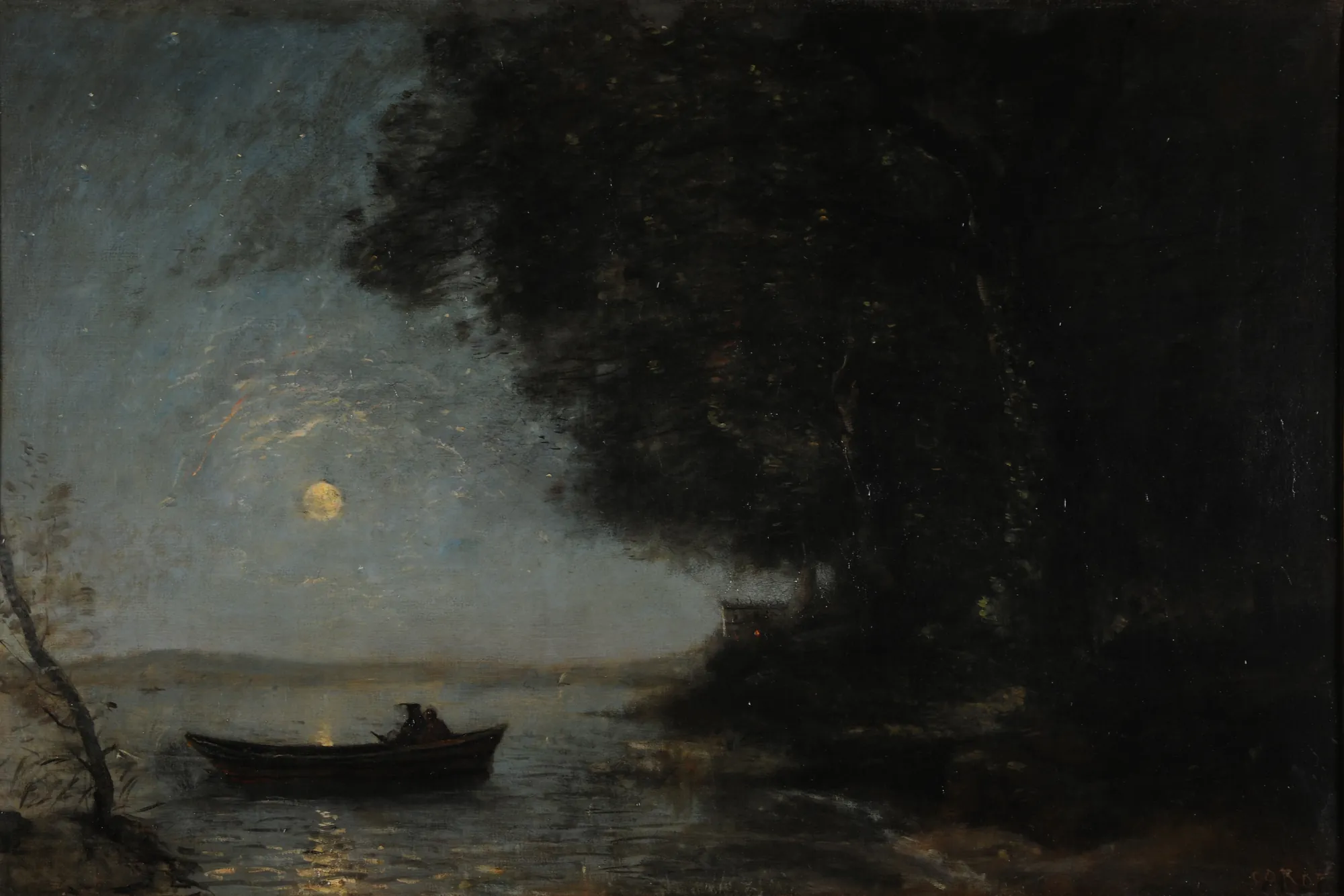The Lake, Night Effect The Lake, Night Effect by Jean-Baptiste Camille Corot. A peaceful nocturnal landscape featuring a full moon reflecting on a lake where a small boat with two figures rests near a dark, wooded bank.