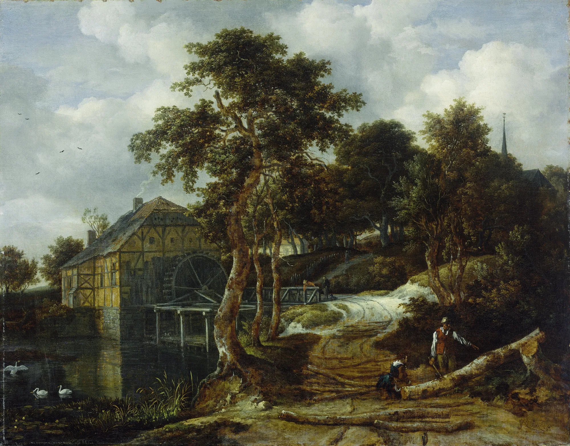 Landscape with a Watermill Landscape with a Watermill by Jacob van Ruisdael. An atmospheric landscape featuring a wooden watermill by a pond, a winding dirt road with figures, and a dramatic cloud-filled sky.