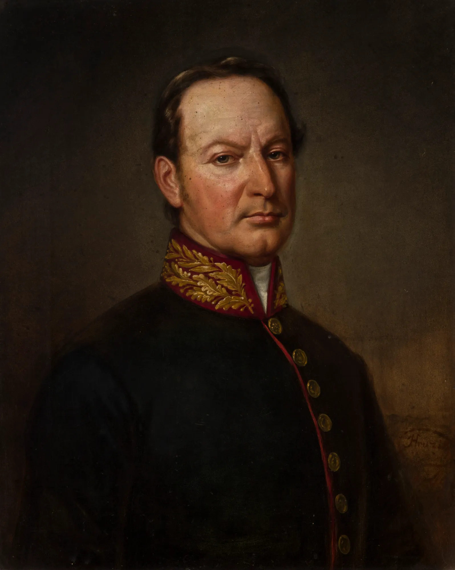Portrait of Konstanty Hoszowski Portrait of Konstanty Hoszowski by Jan Kanty Hruzik. A formal bust-length portrait of a man in a dark military or official uniform with a high embroidered collar.