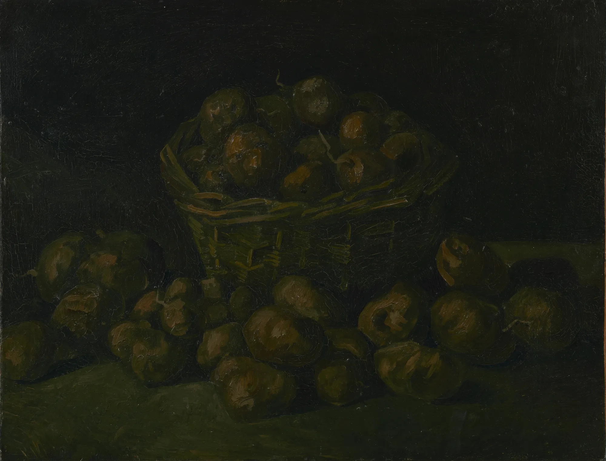 Basket of Potatoes Basket of Potatoes by Vincent van Gogh. A rustic woven basket filled with potatoes sits on a dark surface, with more potatoes scattered in the foreground against a deep, shadowed background.