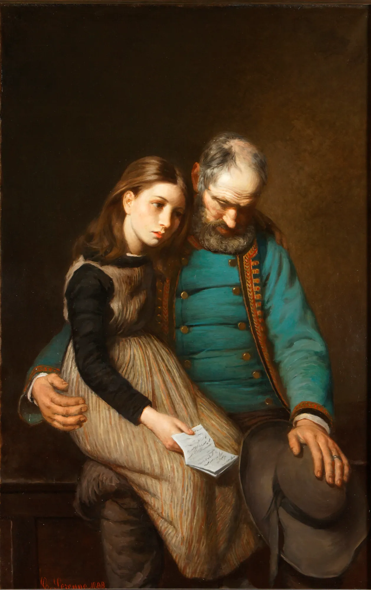 Chagrin de Passage Chagrin de Passage by Célestin Serenne. A somber older man in a vibrant blue uniform cradles a young girl on his lap as she looks down at a letter in her hands.