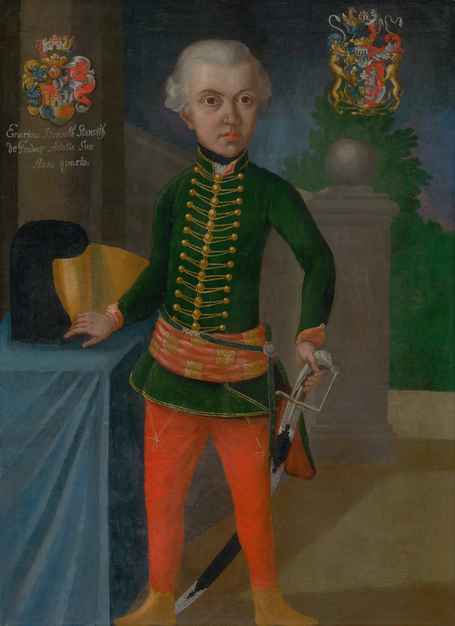Four-Year-Old Imrich Horváth-Stančič Four-Year-Old Imrich Horváth-Stančič by Ján Gottlieb Kramer. An 18th-century portrait of a young boy in a vibrant green jacket and red trousers, standing next to a table and flanked by two heraldic crests.