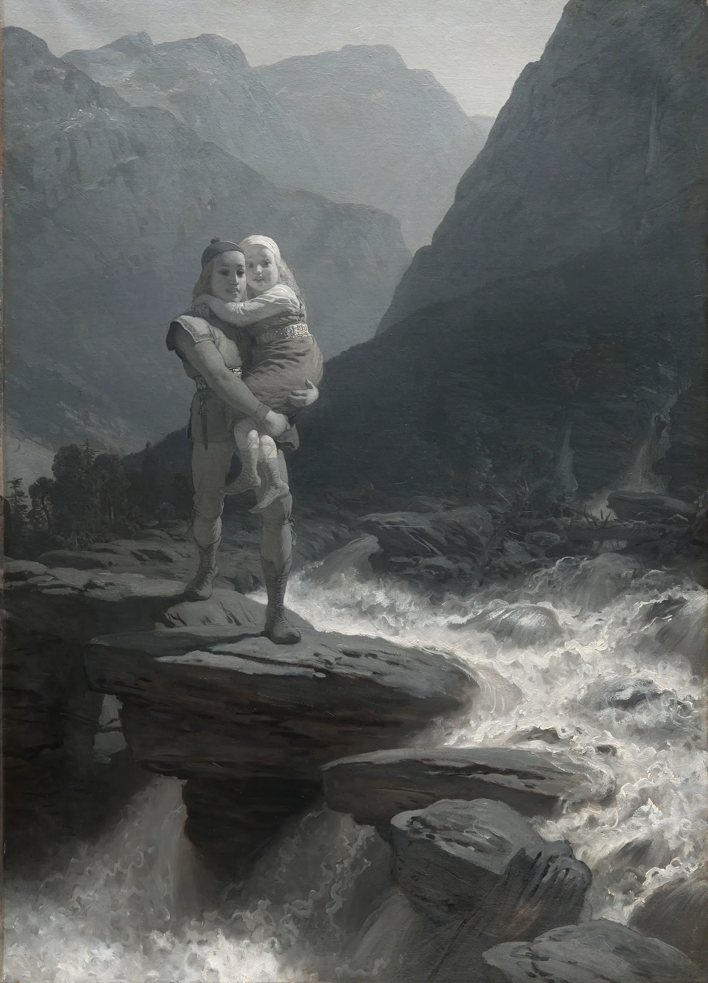 Frithiof and Ingeborg Frithiof and Ingeborg by August Malmström. A man carries a young girl across a rocky ledge beside a powerful, rushing waterfall in a misty mountain valley.