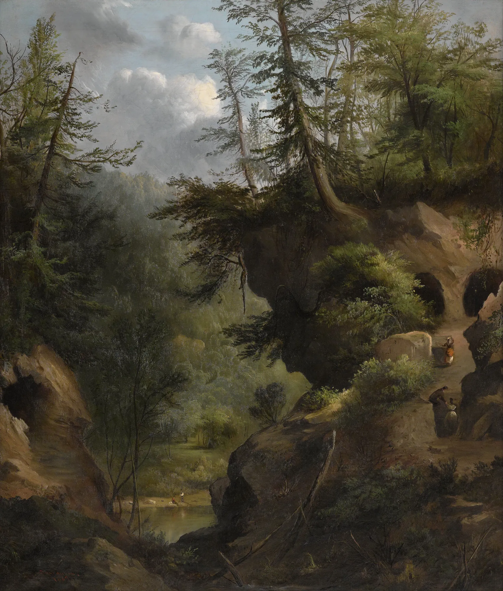 The Caves The Caves by Robert Seldon Duncanson. A lush, vertical landscape featuring dark rocky cliffs with cave openings, towering pine trees, and small figures near a body of water under a cloudy sky.