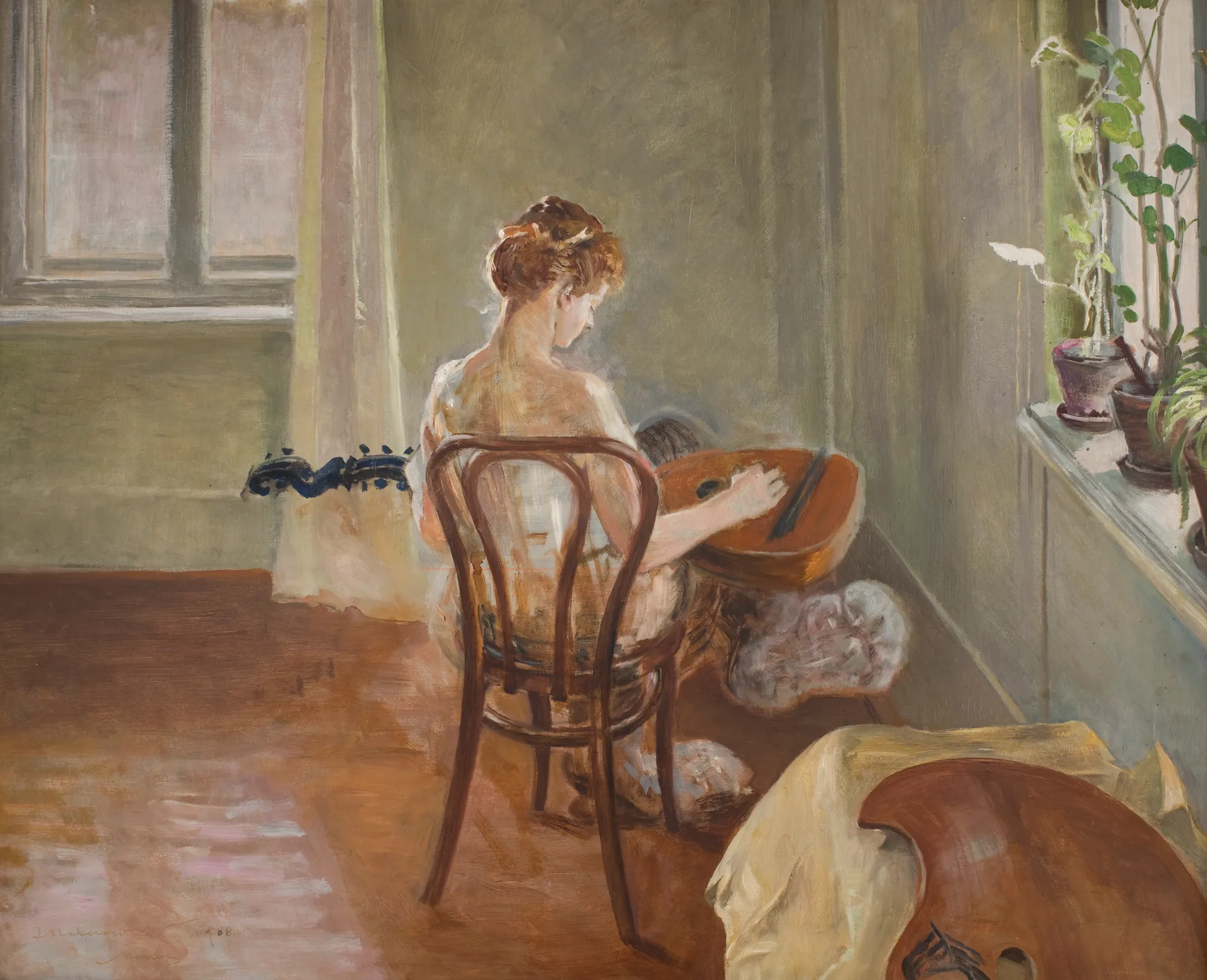 Interior with the Chimera Playing the Lute Interior with the Chimera Playing the Lute by Jacek Malczewski. A woman seen from behind sits in a Thonet chair playing a lute in a sun-drenched room with potted plants and an artist's palette.