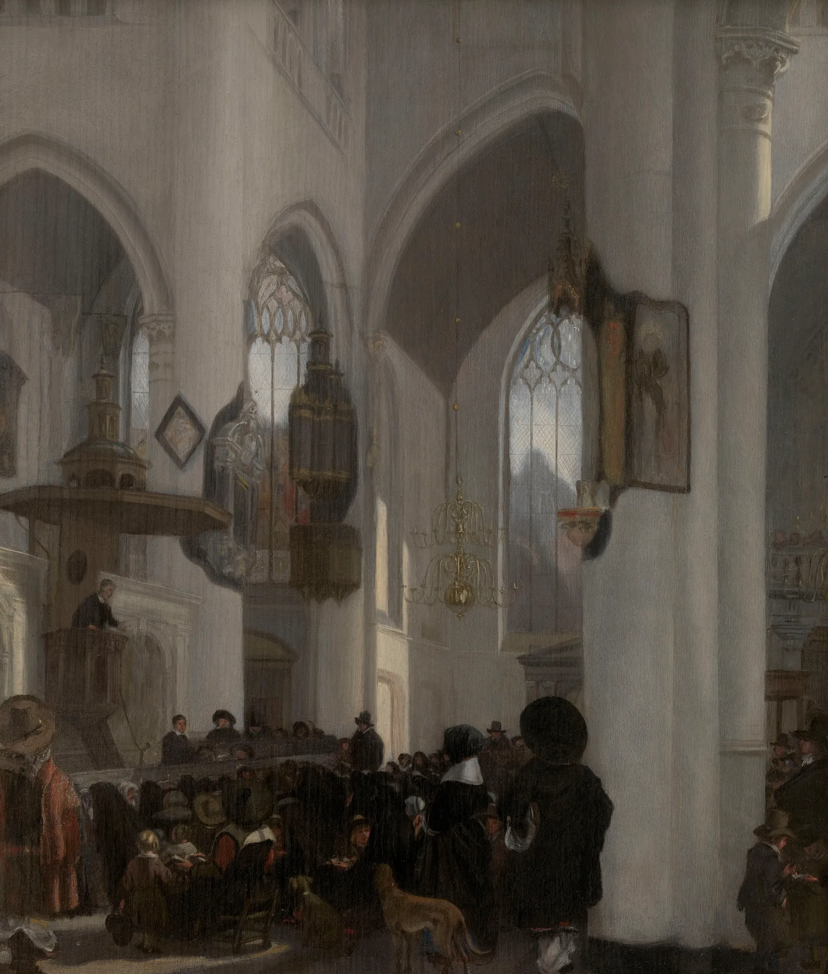 Interior of a Gothic Church Interior of a Gothic Church by Emanuel de Witte. A large-scale interior view of a Gothic cathedral filled with a congregation listening to a sermon delivered from a wooden pulpit.