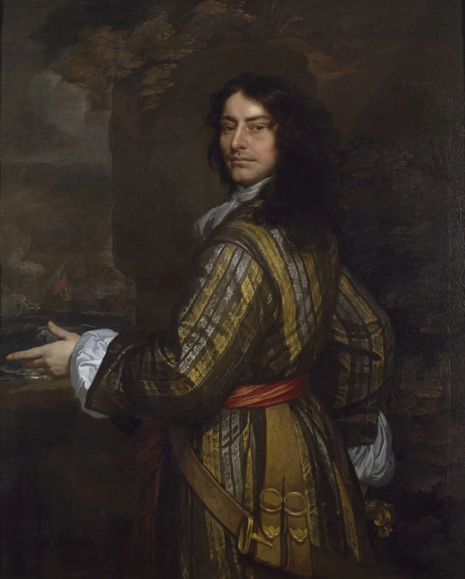 Admiral Sir John Harman Admiral Sir John Harman by Peter Lely. A three-quarter length portrait of a man in an ornate gold and silver doublet with a red sash, gesturing toward a naval battle in the background.