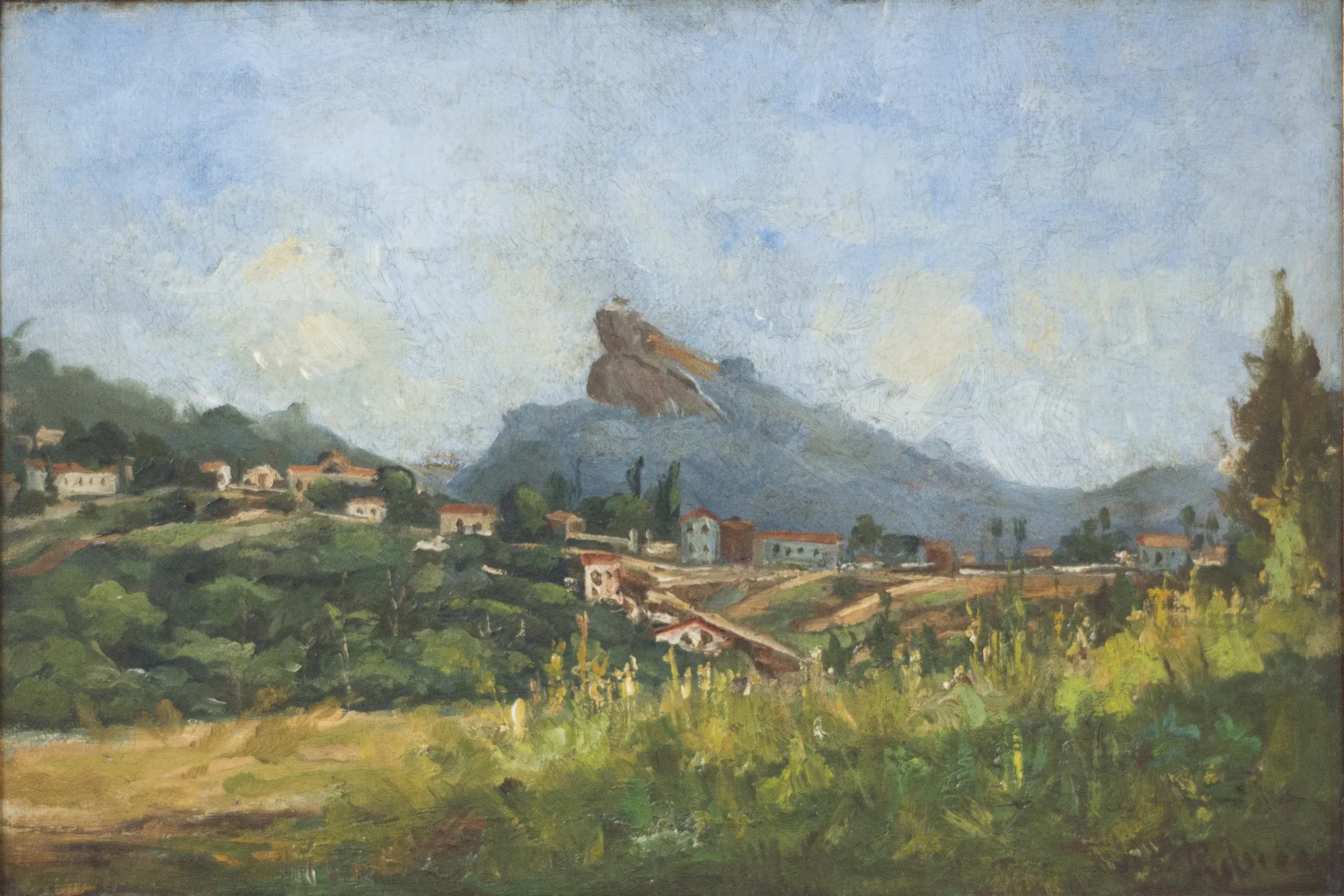 Corcovado Corcovado by Francisco Joaquim Gomes Ribeiro. An oil landscape painting depicting the Corcovado mountain rising above a small village nestled in a lush, green valley.