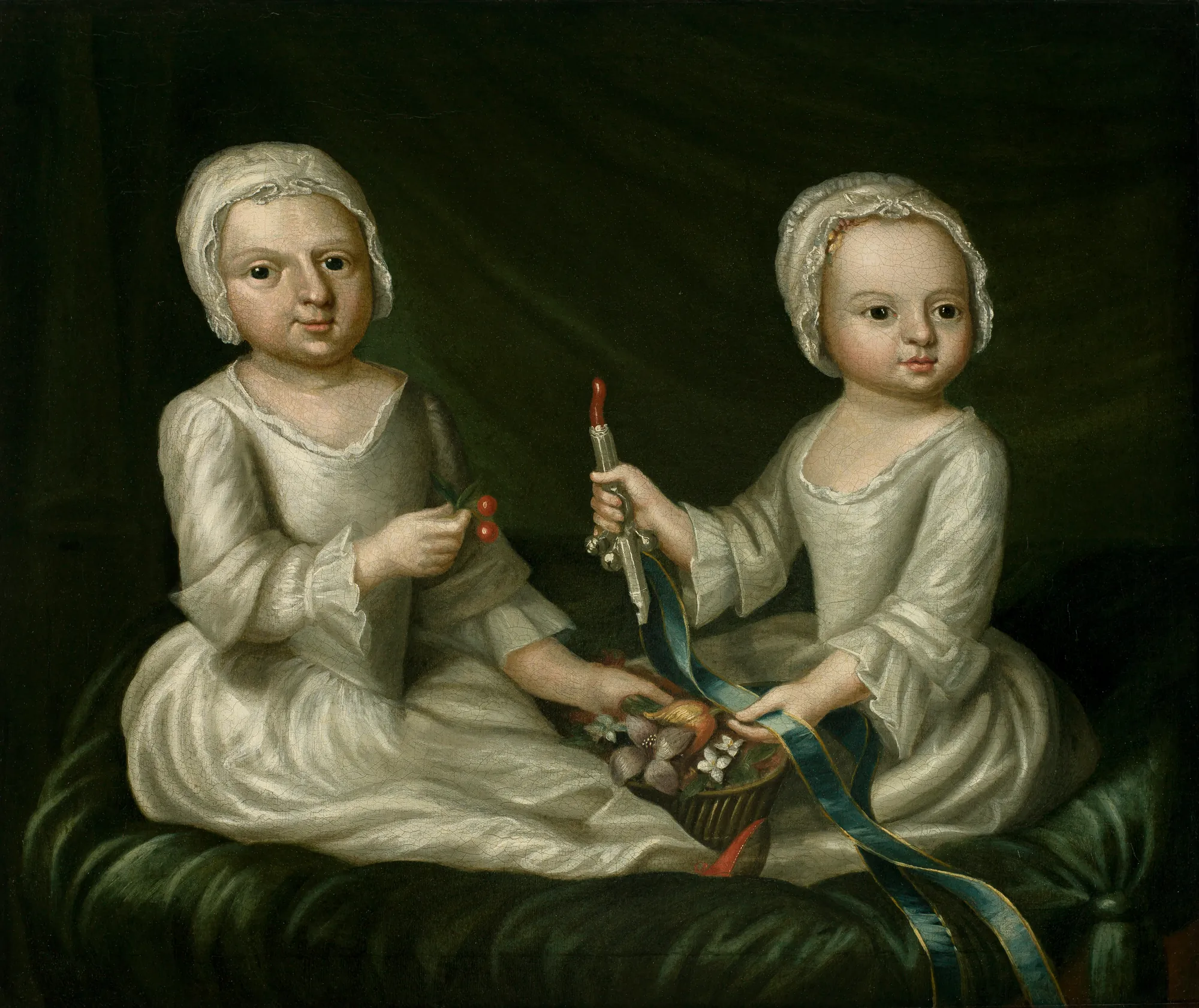 Joanna and Elizabeth Perkins Joanna and Elizabeth Perkins by Unknown Artist. A double portrait of two young children in white gowns and caps, seated together with a basket of flowers and a coral-handled rattle.