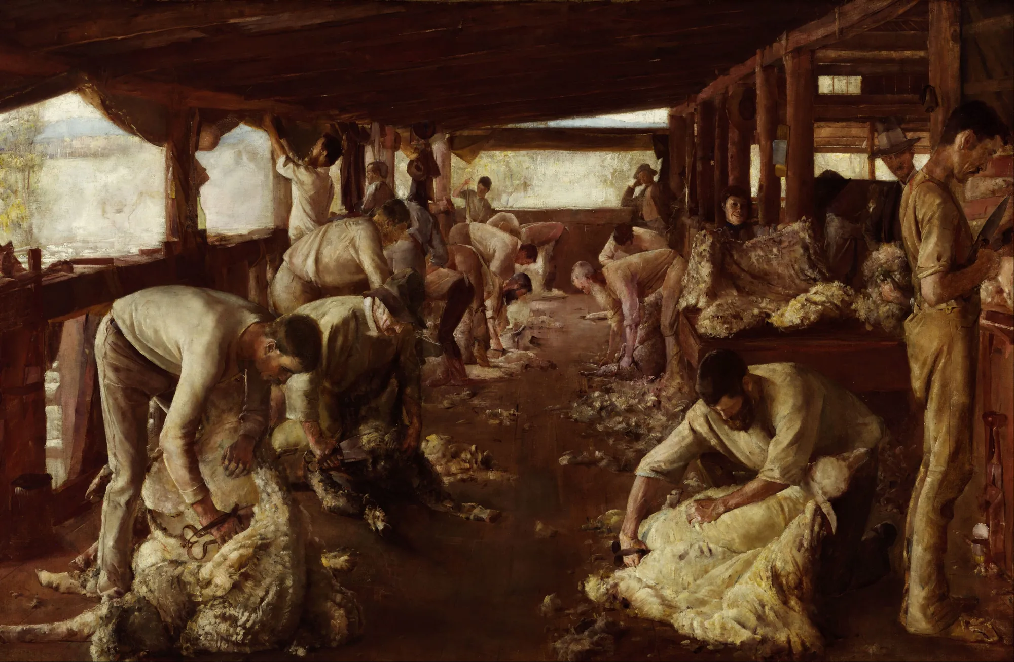 The Golden Fleece The Golden Fleece by Tom Roberts. A group of men are busily shearing sheep inside a large, sun-drenched wooden shed.
