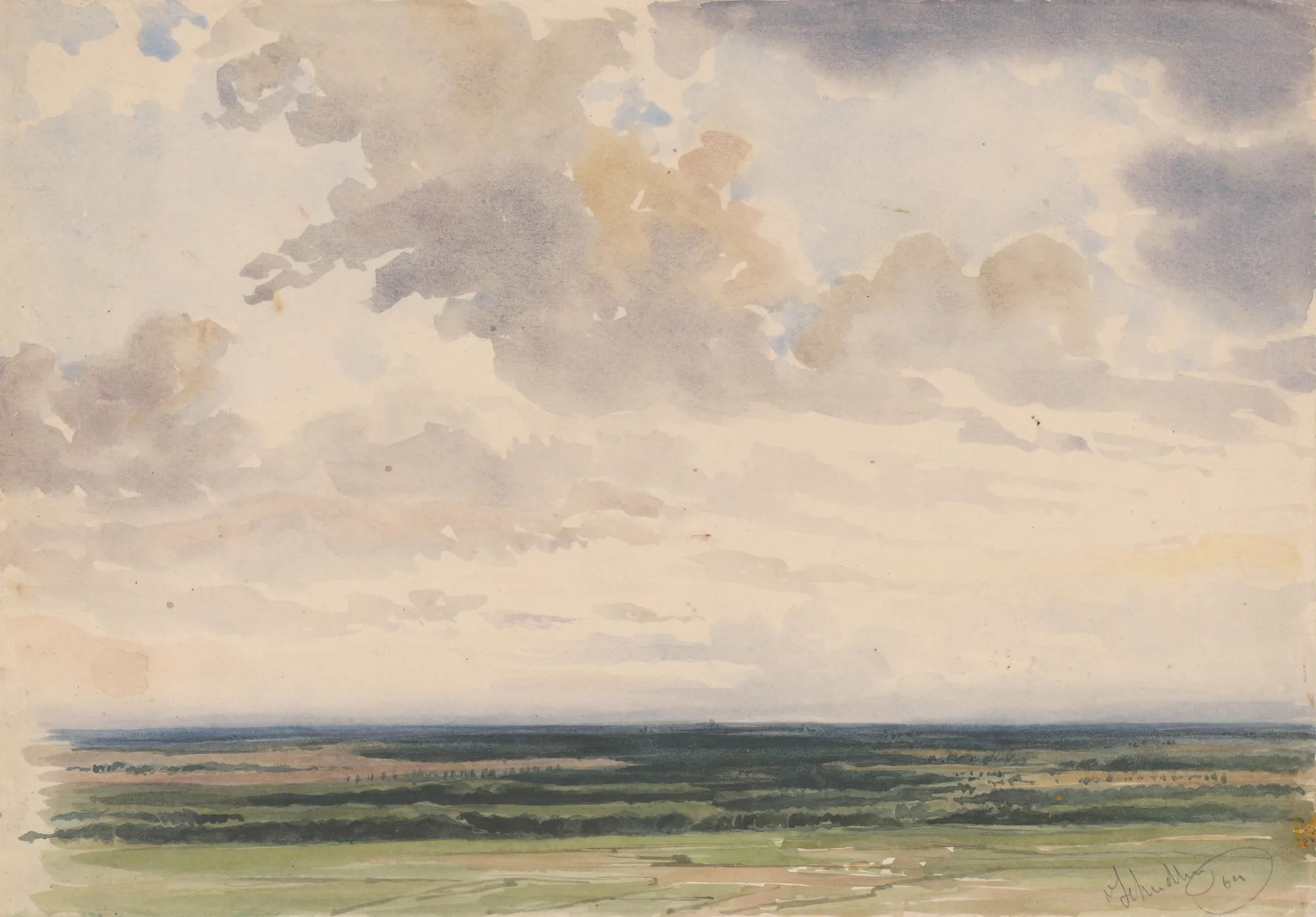 View of the Šúr View of the Šúr by Friedrich Carl von Scheidlin. An expansive landscape watercolor featuring a wide plain under a dramatic, soft-hued sky filled with billowing clouds.
