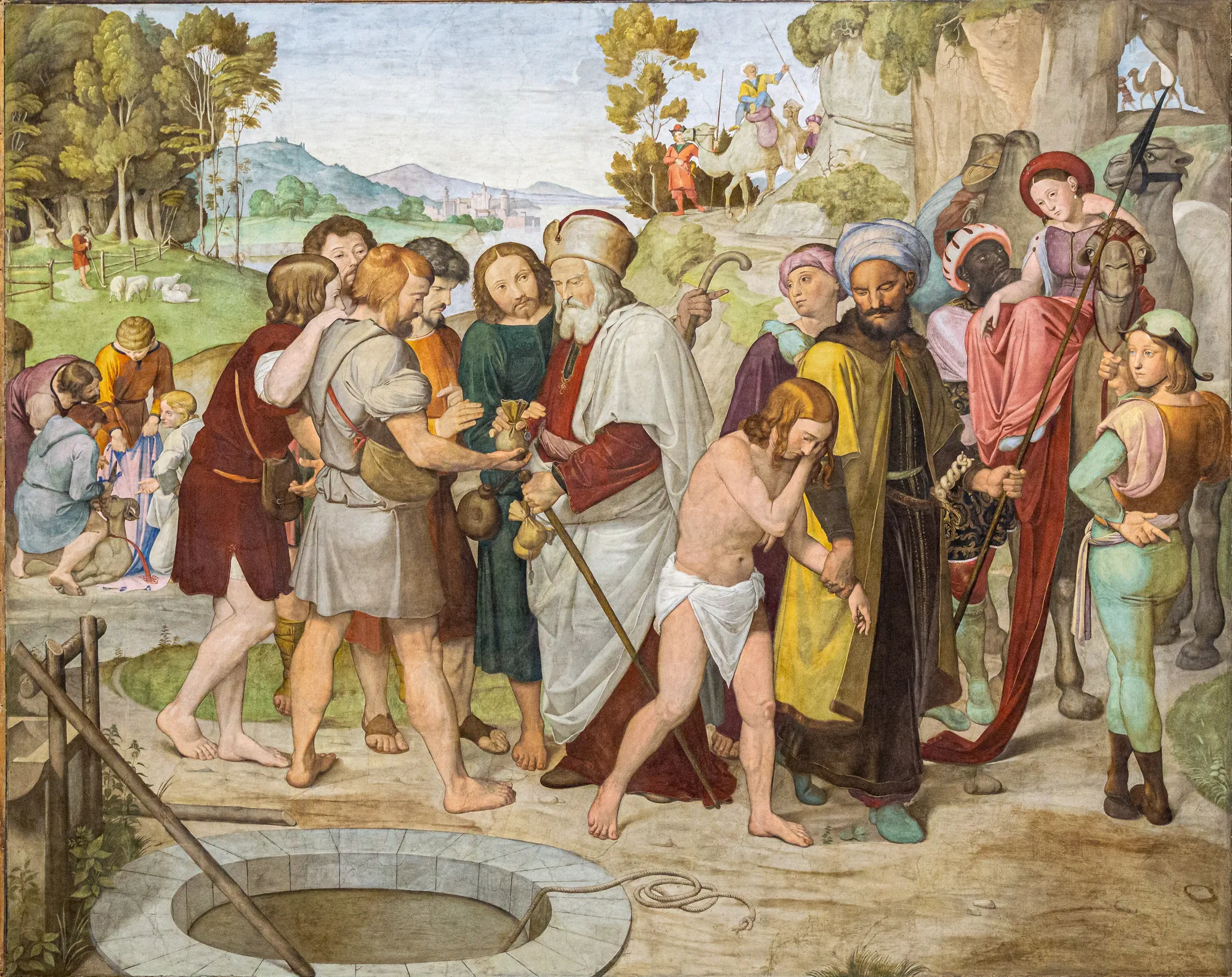 The Selling of Joseph The Selling of Joseph by Johann Friedrich Overbeck. A dynamic biblical scene showing a group of men gathered near a stone well as the young Joseph is handed over to traveling merchants with camels.