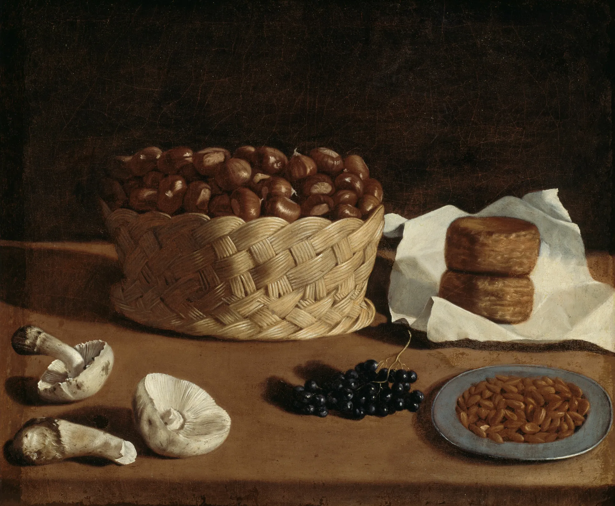 Kitchen Still Life Kitchen Still Life by Paolo Antonio Barbieri. A 17th-century Italian still life depicting a basket of chestnuts, cheese on paper, mushrooms, dark grapes, and a plate of almonds on a table.