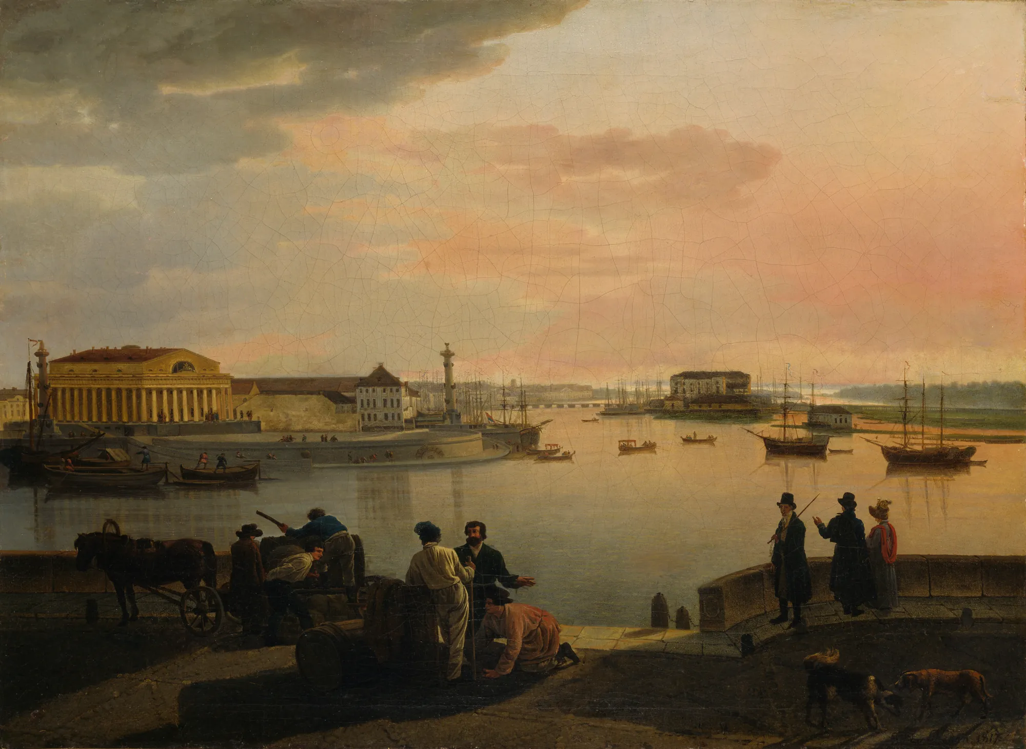 A View from St. Petersburg A View from St. Petersburg by Sylvester Shchedrin. A harbor scene at dawn or dusk featuring neoclassical buildings, several masted ships, and figures in the foreground on a stone quay.