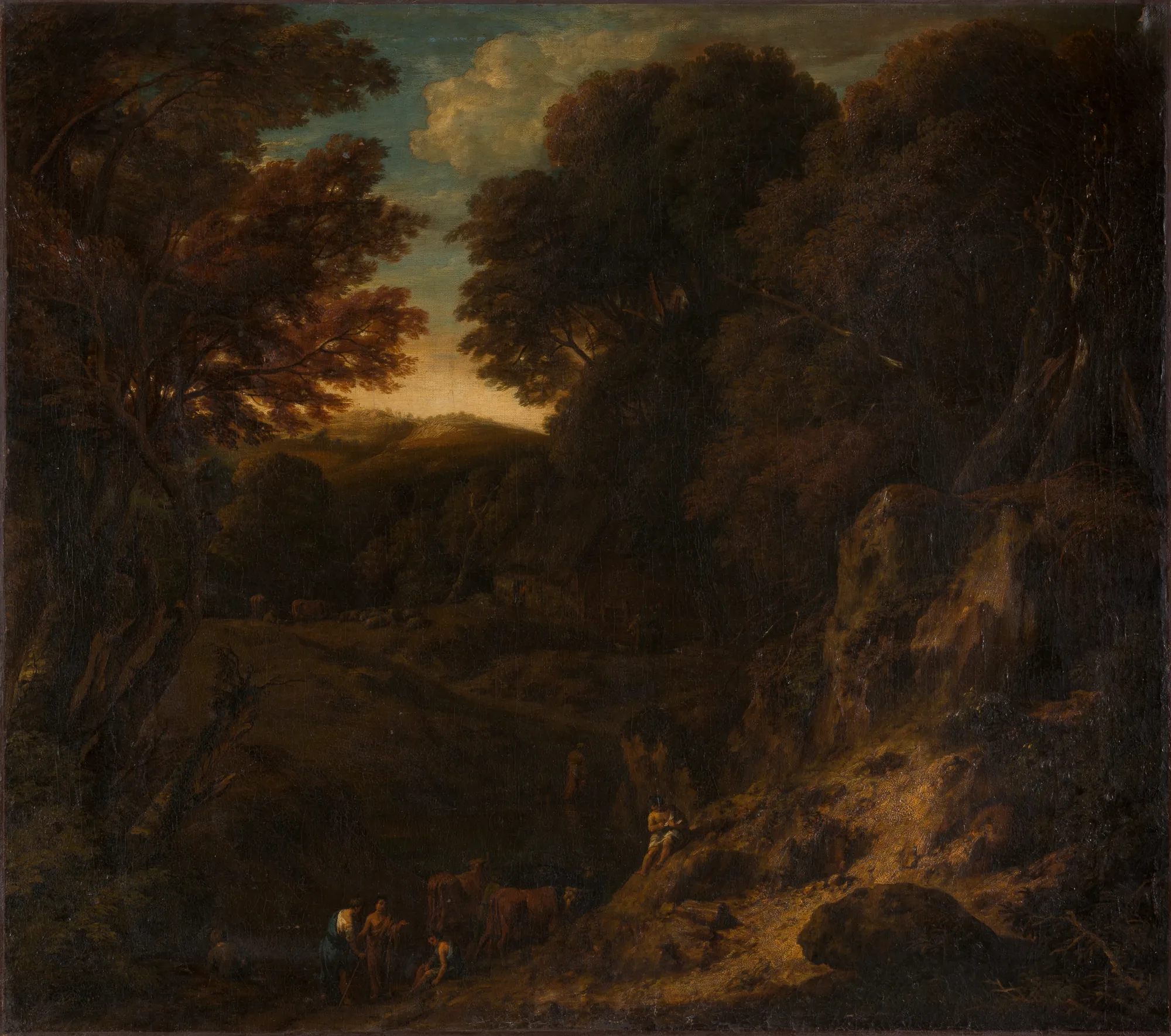 Italian Wooded Landscape with Cattle Pond Italian Wooded Landscape with Cattle Pond by Cornelis Huysmans. A shadowed wooded landscape with a central clearing featuring a pond, cattle, and figures resting near a rocky path under a dramatic, cloudy sky.
