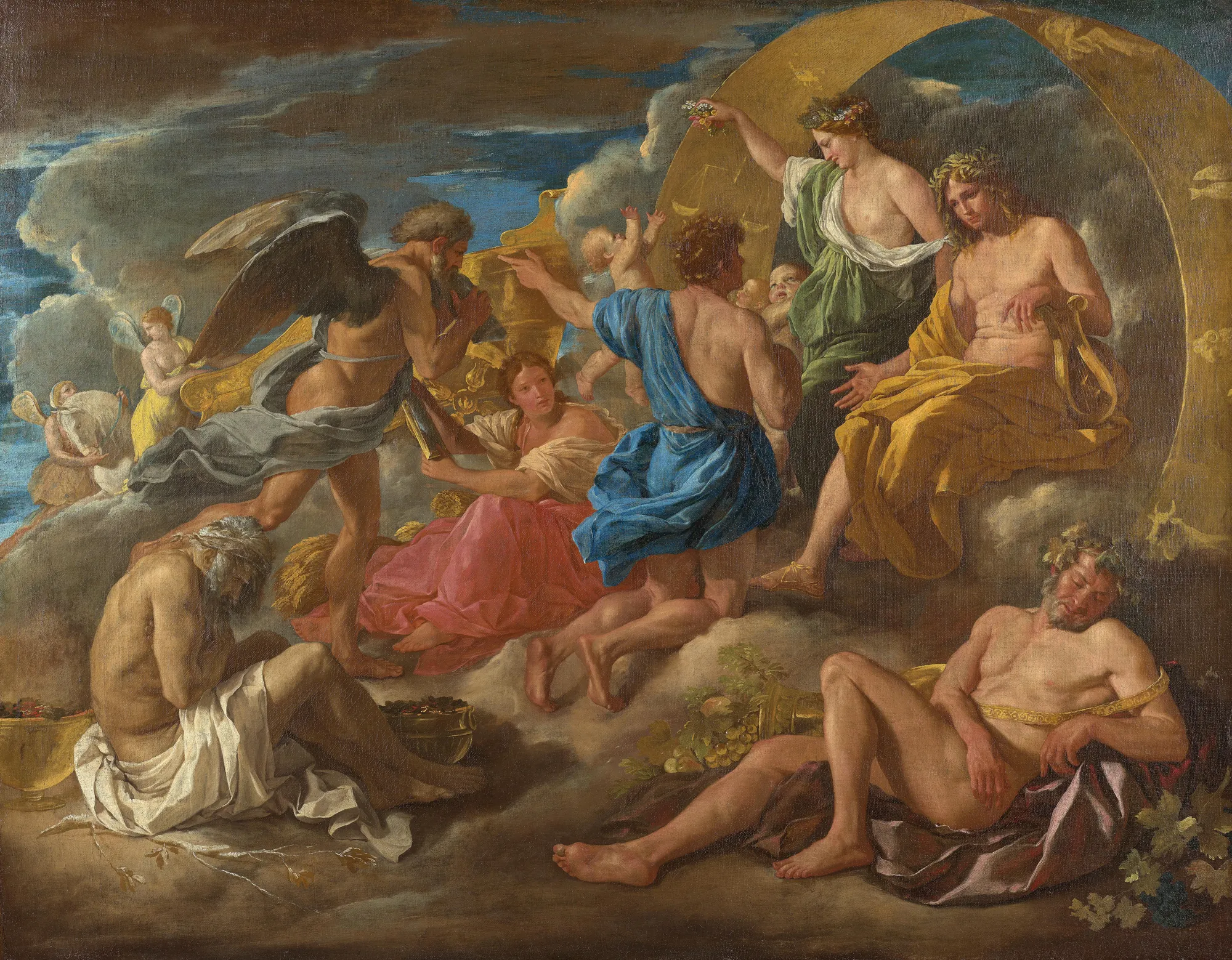Helios and Phaethon with Saturn and the Four Seasons Helios and Phaethon with Saturn and the Four Seasons by Nicolas Poussin. A complex mythological scene depicts several figures gathered around the golden chariot of Helios, with Father Time and personifications of the seasons in a celestial setting.