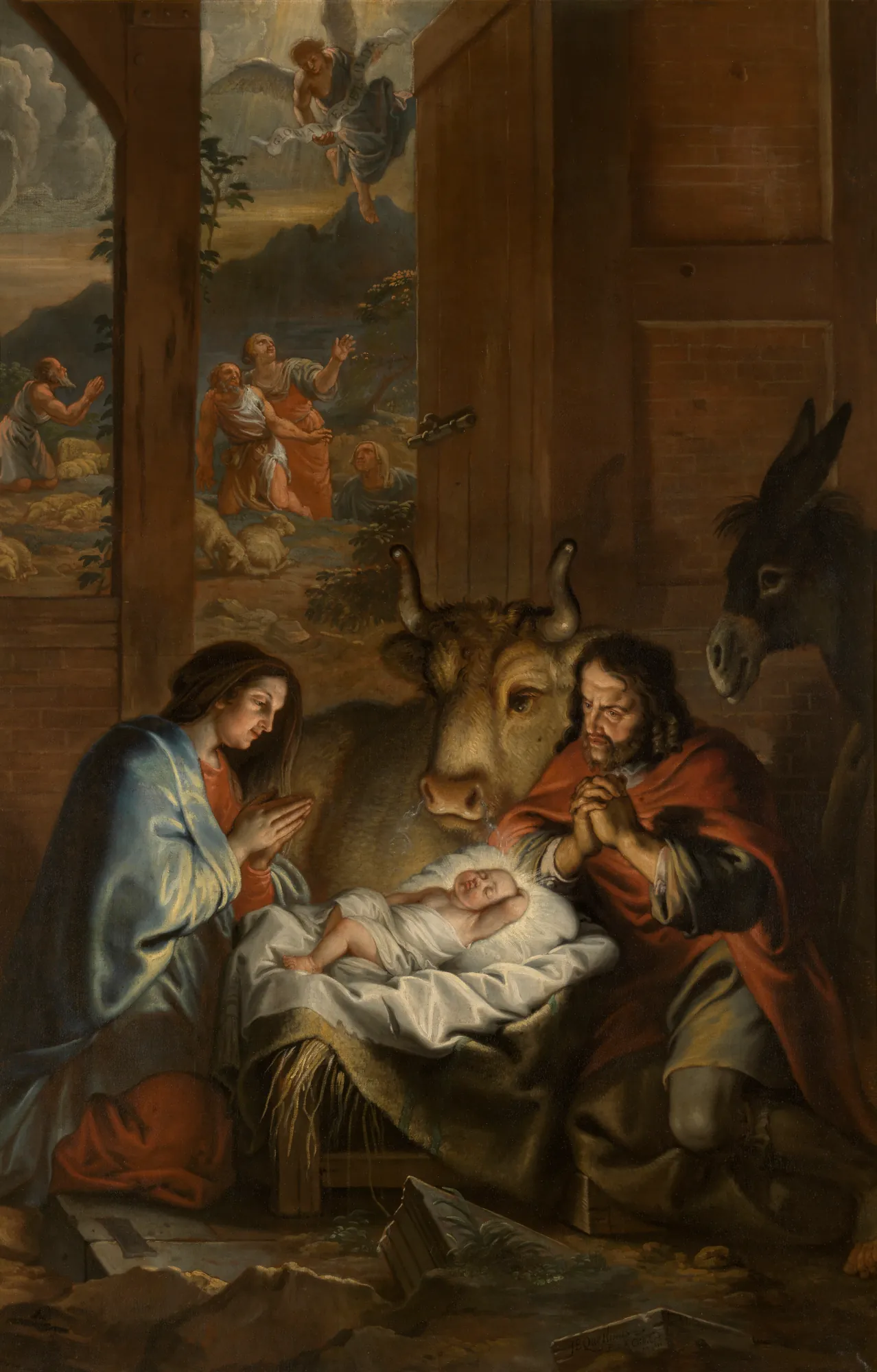 The Nativity The Nativity by Jan Erasmus Quellinus. Mary and Joseph kneel in adoration of the infant Jesus in a stable, with an ox, donkey, and distant shepherds witnessing an angel in the sky.