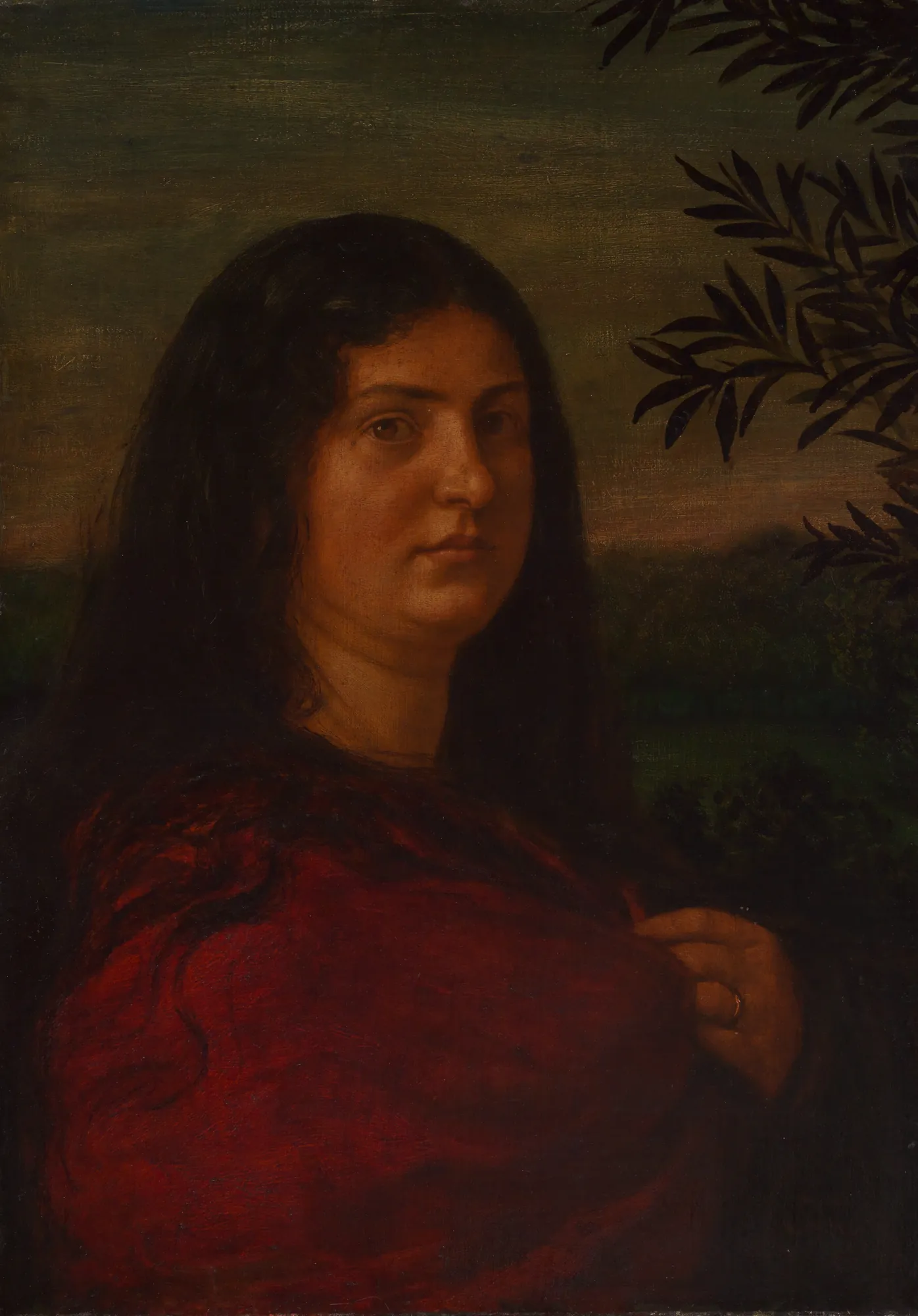 Portrait of Cella Thoma Portrait of Cella Thoma by Hans Thoma. A moody portrait of a woman with long dark hair draped in a vibrant red shawl against a dim twilight landscape.