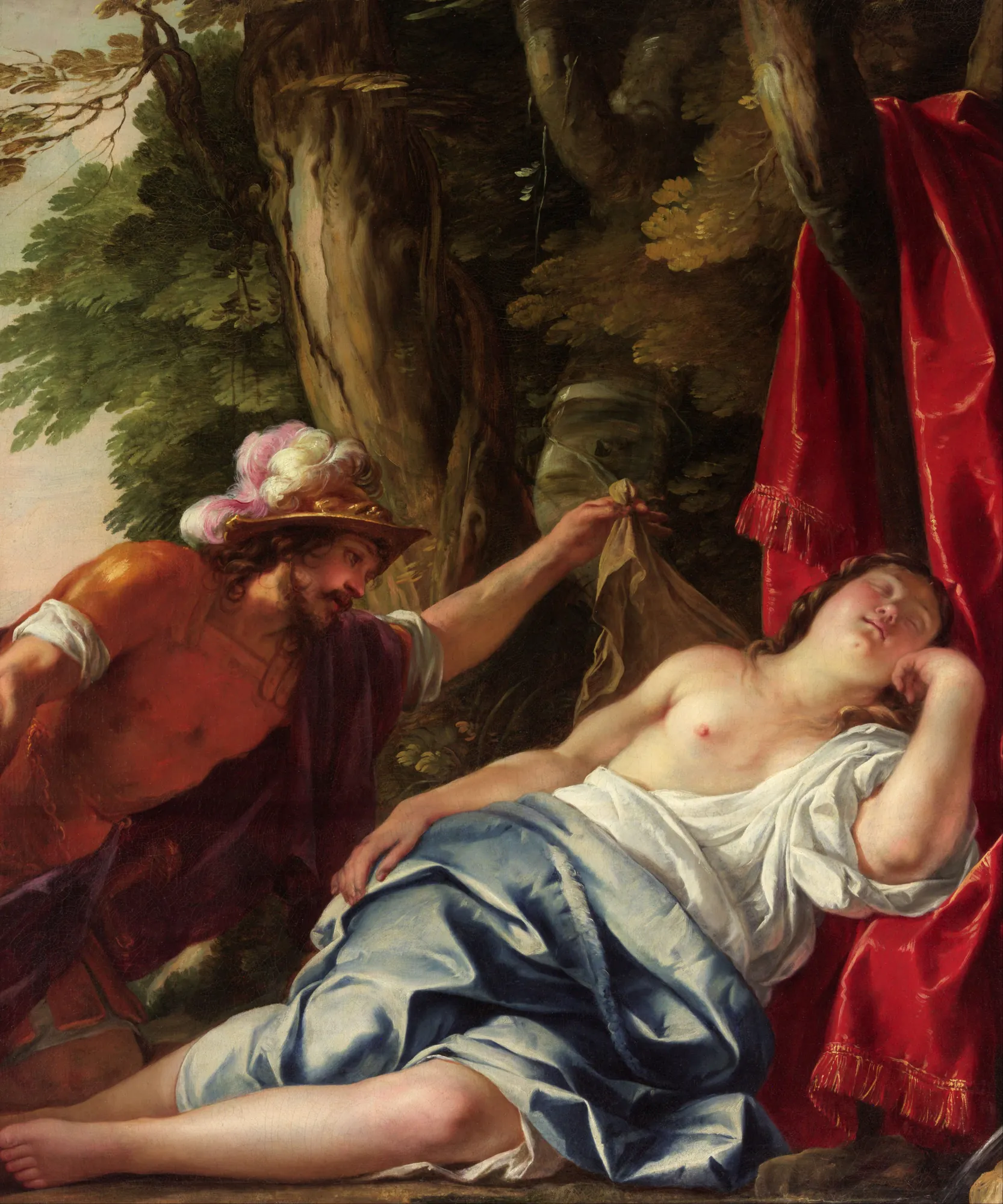 Mars and the Vestal Virgin Mars and the Vestal Virgin by Jacques Blanchard. A mythological scene depicting the god Mars in golden armor leaning over a sleeping woman draped in white and blue robes against a wooded backdrop.