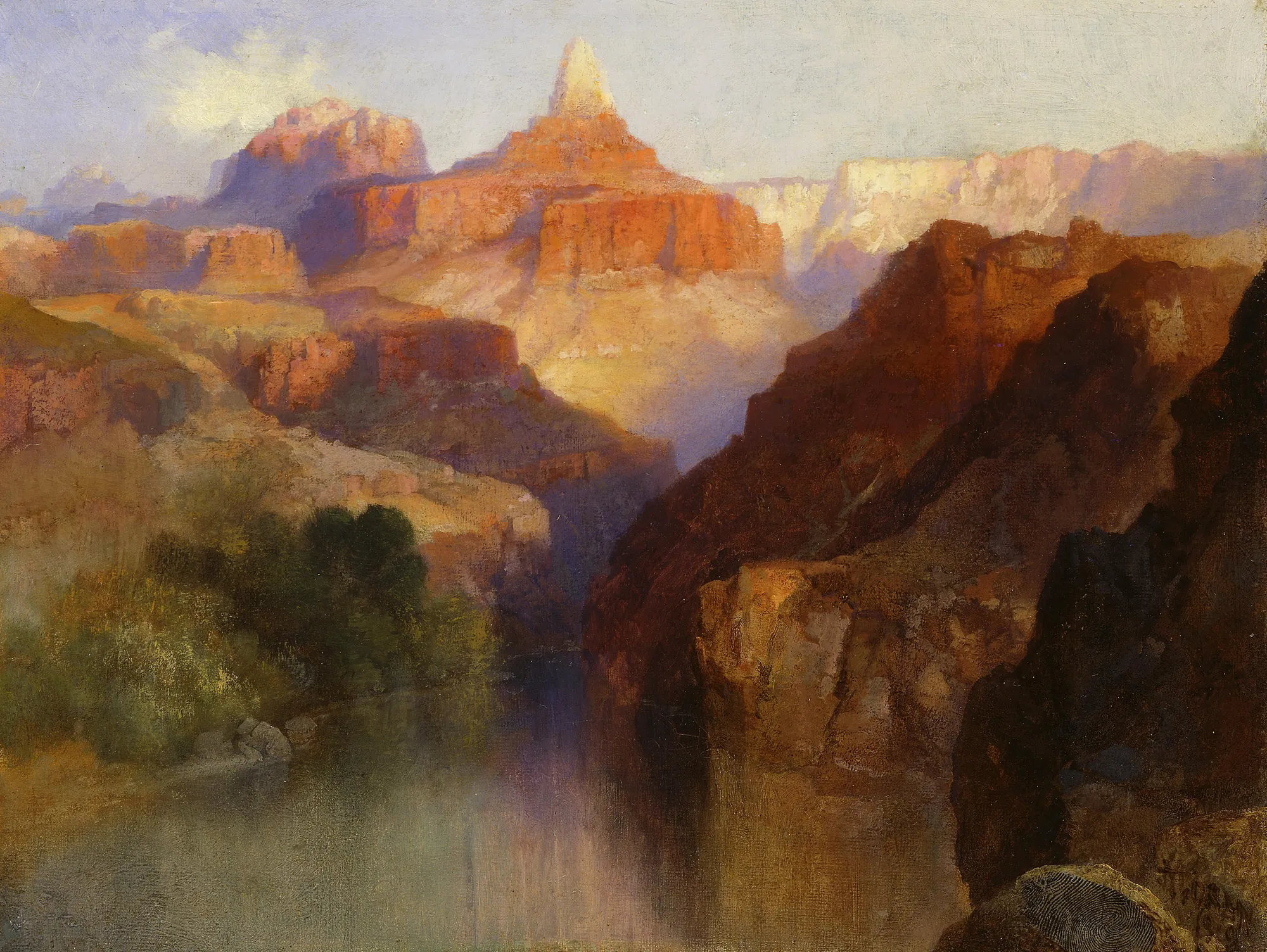 Zoroaster Peak, Grand Canyon Zoroaster Peak, Grand Canyon by Thomas Moran. An atmospheric oil painting of the Grand Canyon's Zoroaster Peak glowing in the late afternoon sun above deep, shadowed ravines and reflecting water.