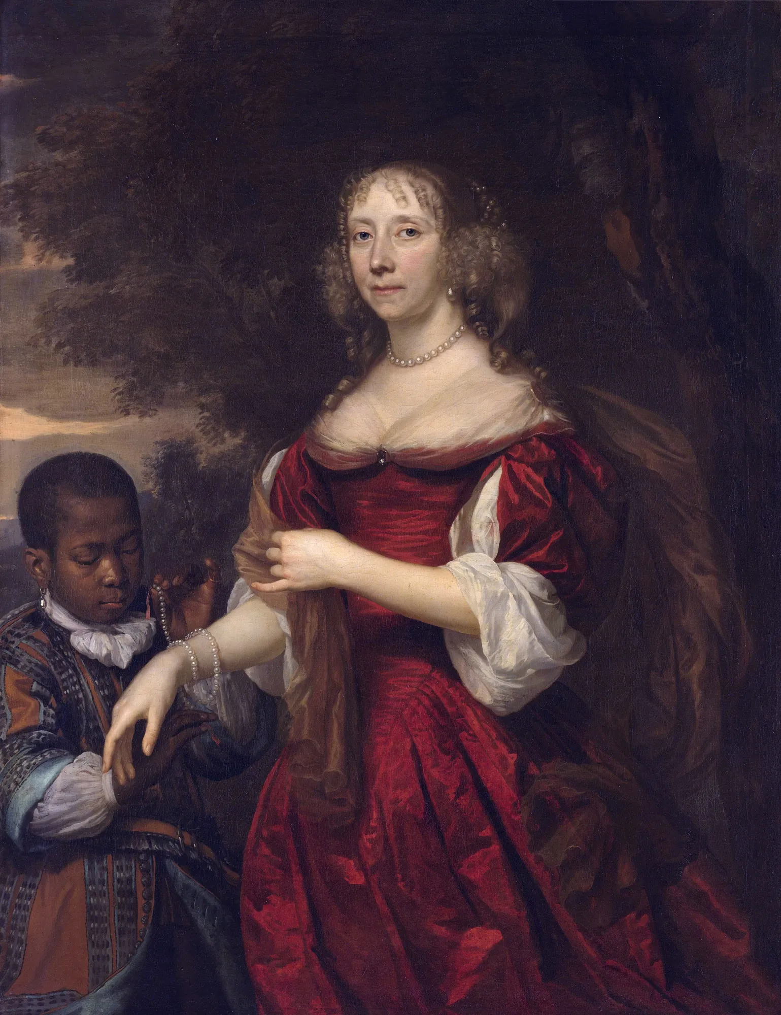 Portrait of Margaretha van Raephorst Portrait of Margaretha van Raephorst by Johannes Mytens. A formal portrait of a woman in a shimmering red silk gown being adorned with a pearl bracelet by a young attendant.