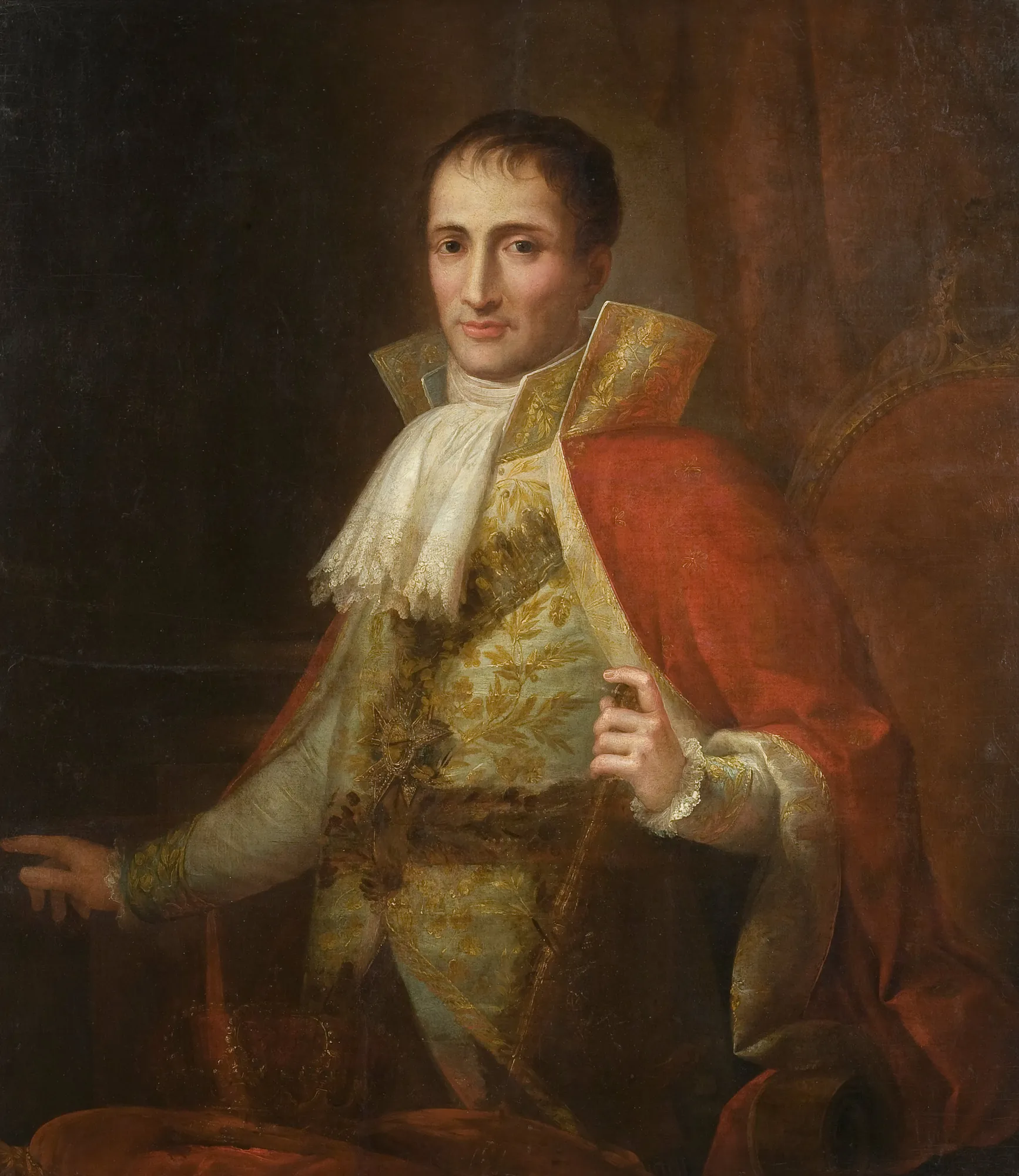 Portrait of King Joseph I Portrait of King Joseph I by Joseph Flaugier. A formal three-quarter length portrait of King Joseph I wearing an ornate uniform with a high collar and a striking red cape.