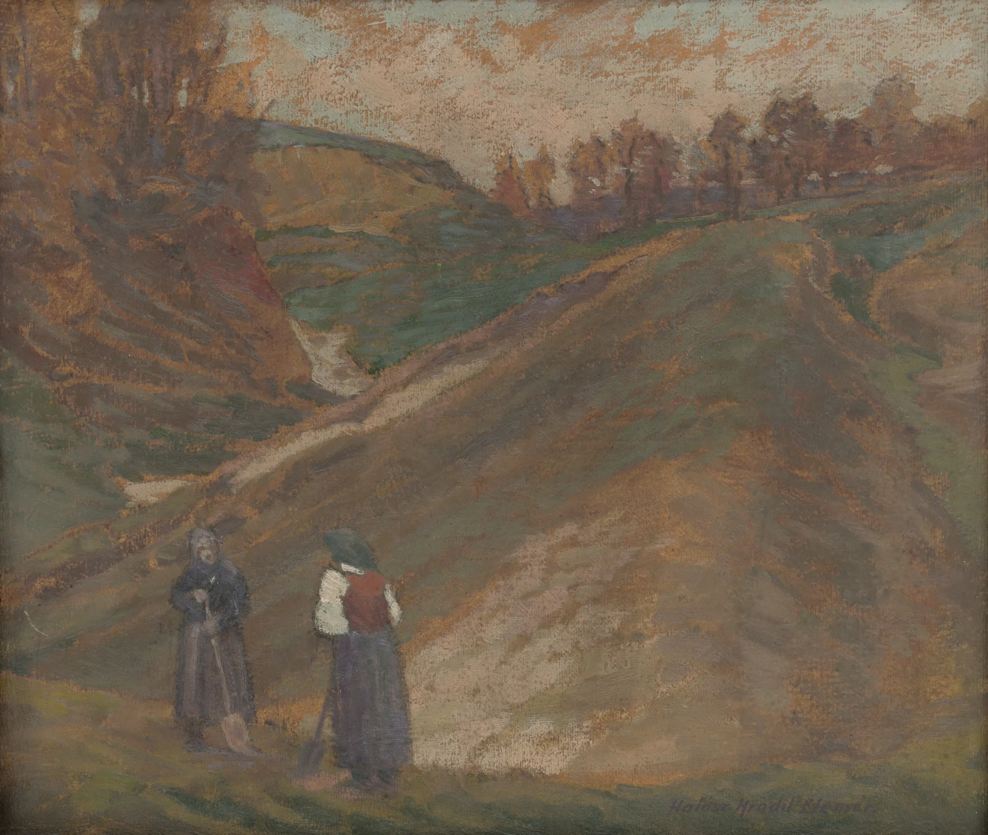 Scene from Galicia Scene from Galicia by Elemír Halász-Hradil. An impressionistic landscape featuring two figures in traditional peasant attire standing amidst rolling, earthy hills under a soft sky.