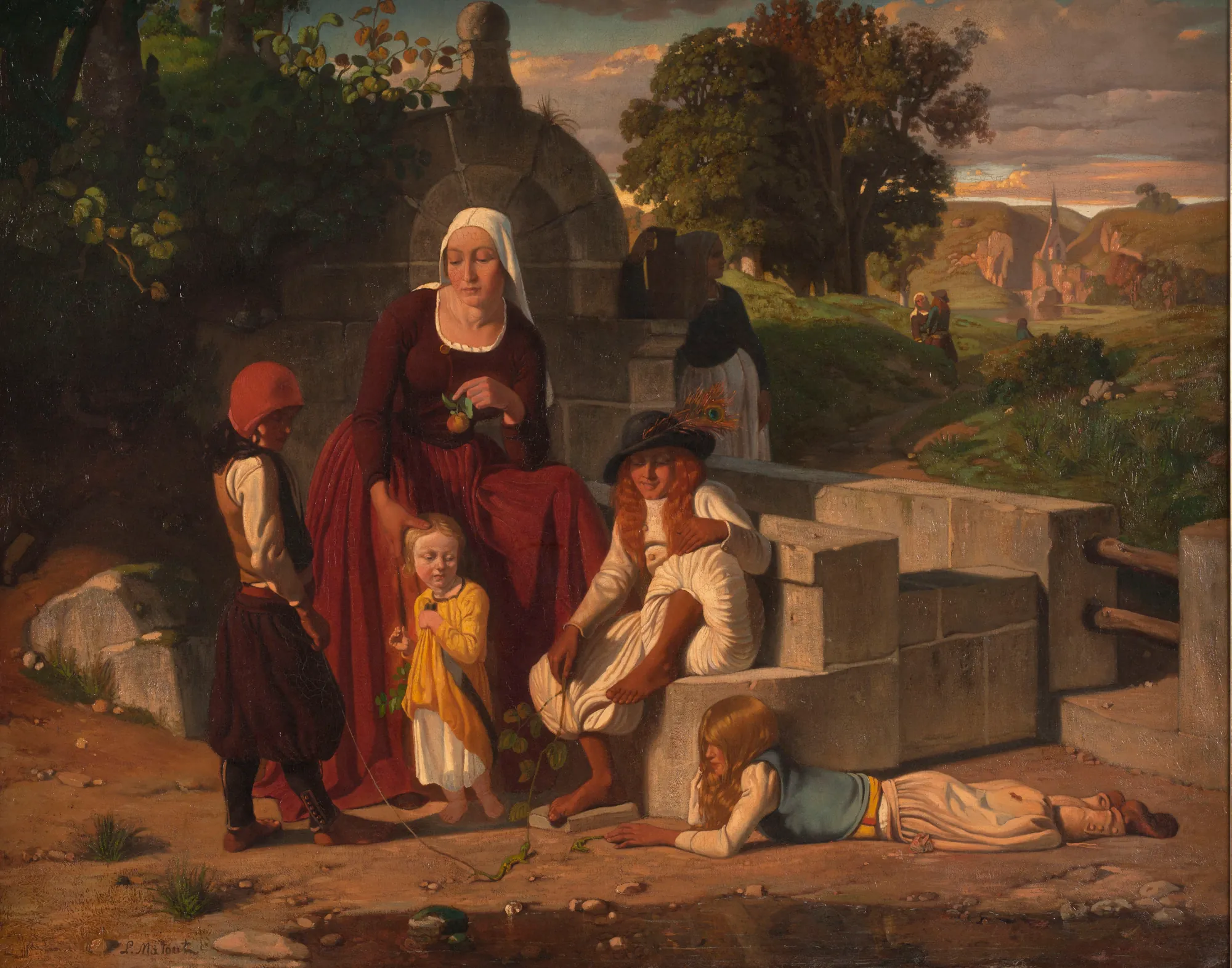 At the Fountain At the Fountain by Louis Matout. A group of children and a woman in 19th-century rustic attire gathered around a stone fountain in a sunlit rural landscape.