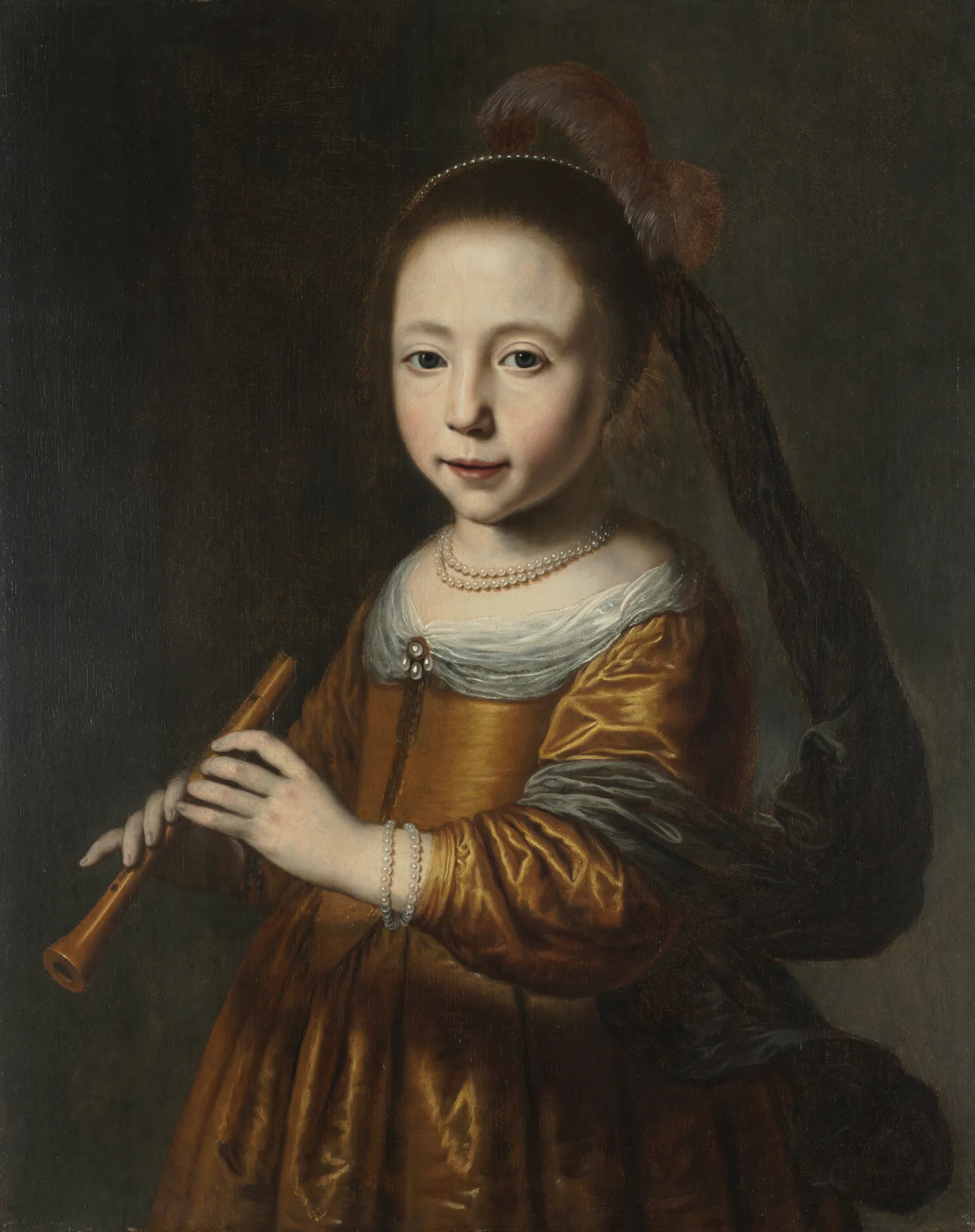 Portrait of Elizabeth Spiegel Portrait of Elizabeth Spiegel by Dirck van Santvoort. A portrait of a young girl in a gold dress holding a wooden flute, adorned with pearls and a feathered headpiece with a long dark veil.