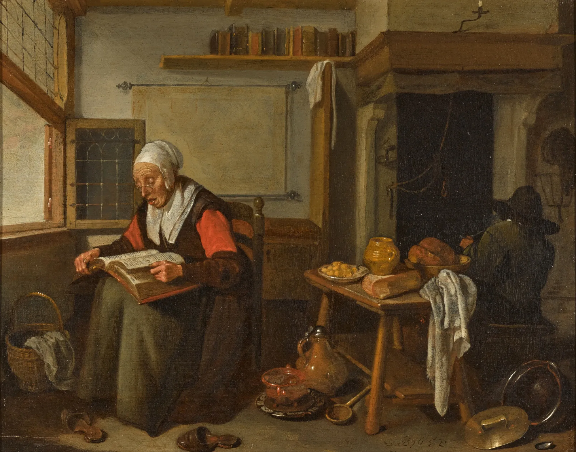 Interior with an Old Woman Reading and a Man Smoking a Pipe