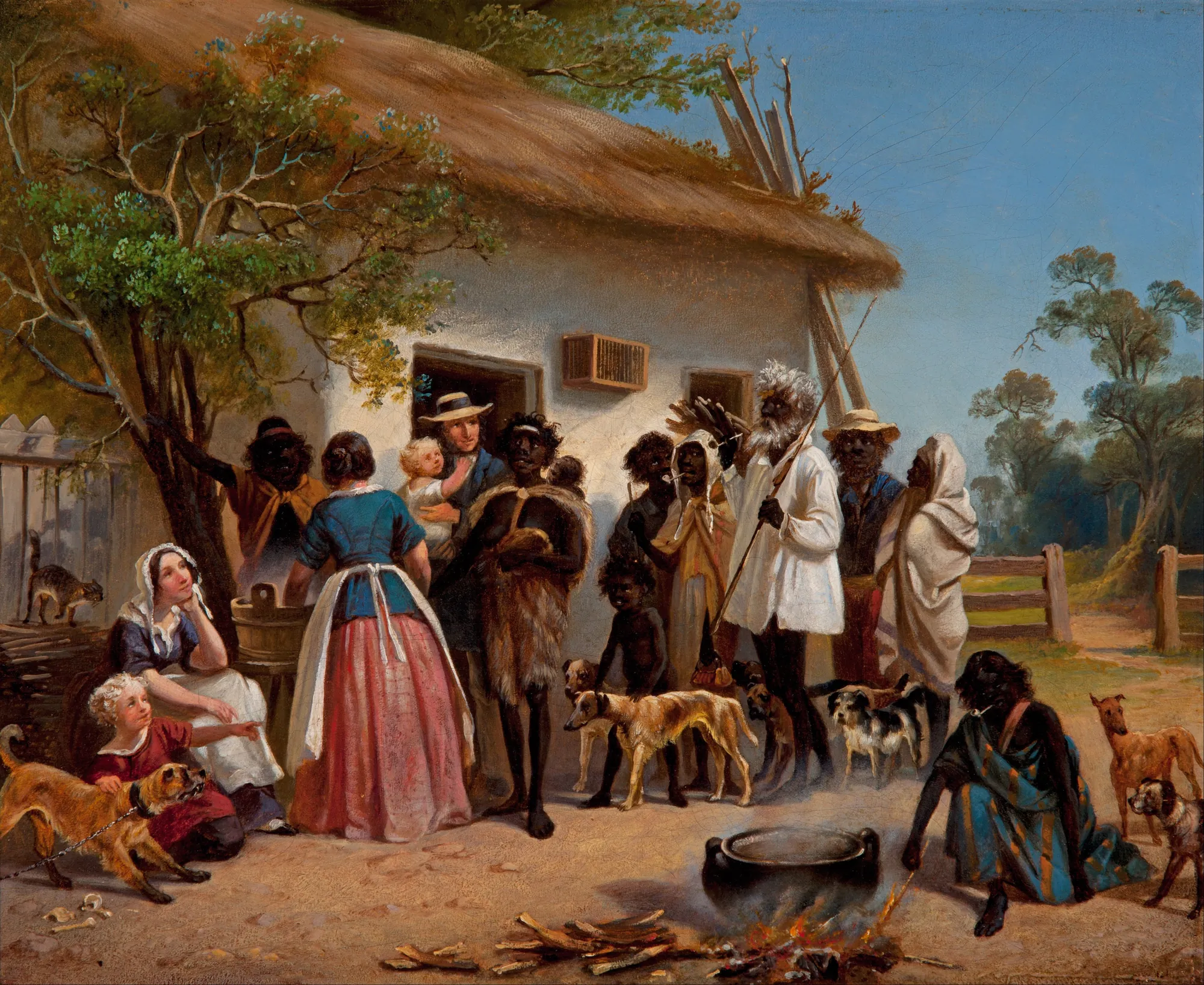 A Scene in South Australia A Scene in South Australia by Alexander Schramm. A group of Aboriginal Australians and European settlers gather outside a white thatched-roof cottage with several dogs and a small cooking fire.
