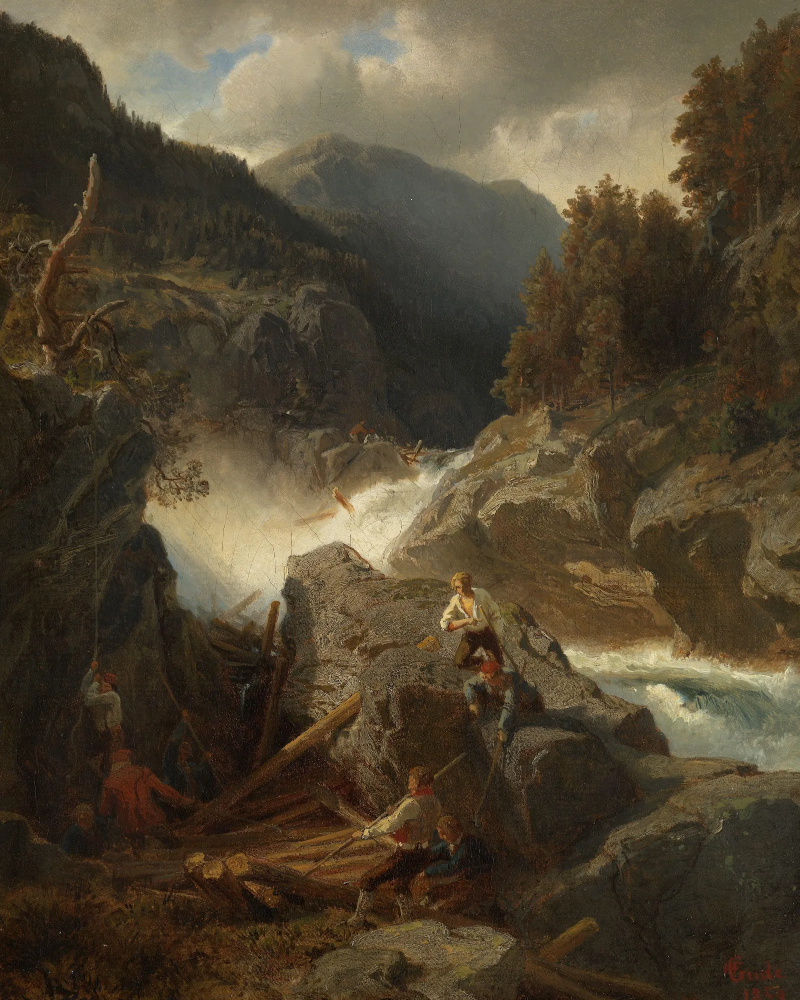Waterfall in Hallingdal Waterfall in Hallingdal by Hans Gude. A dramatic mountain landscape featuring a powerful rushing waterfall with loggers working amongst boulders and timber in the foreground.