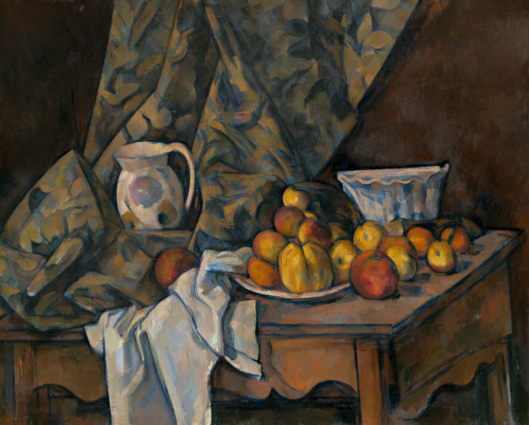 Still Life with Apples and Peaches Still Life with Apples and Peaches by Paul Cézanne. A still life arrangement featuring a pile of apples and peaches on a table alongside a white ceramic pitcher and bowl, set against dark, patterned drapery.