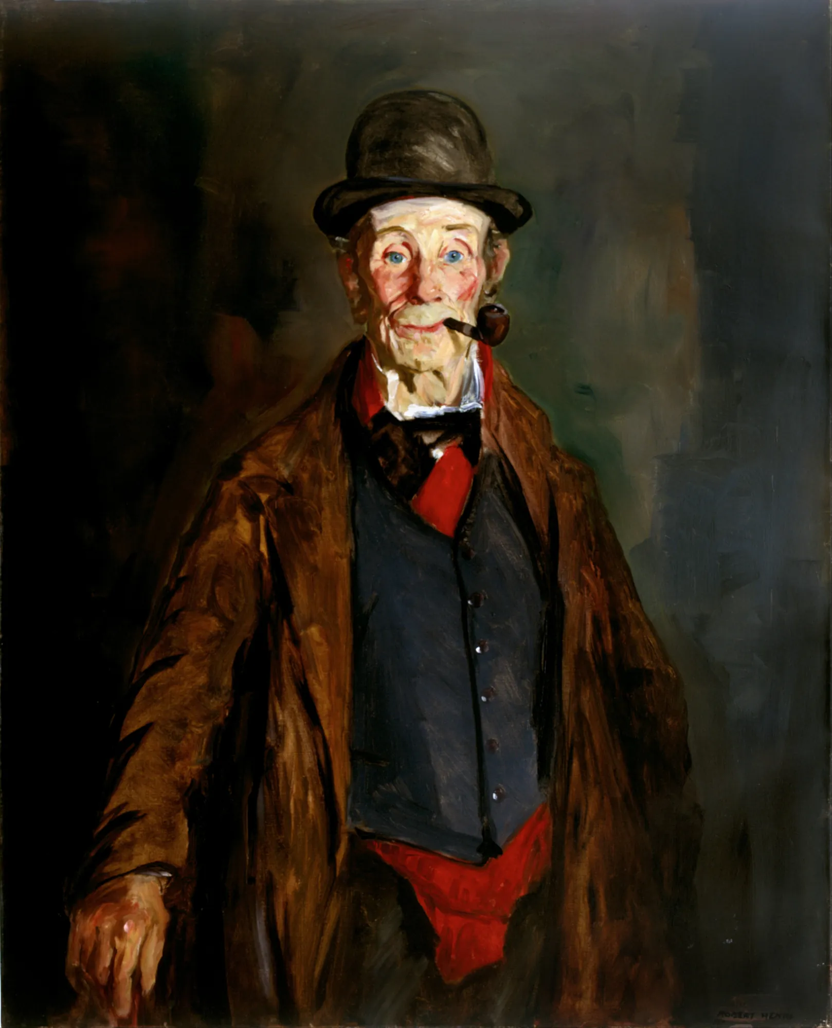 My Friend Brien My Friend Brien by Robert Henri. A characterful portrait of an elderly man with a bowler hat and a pipe, painted with bold, dark brushstrokes and a high-contrast palette.