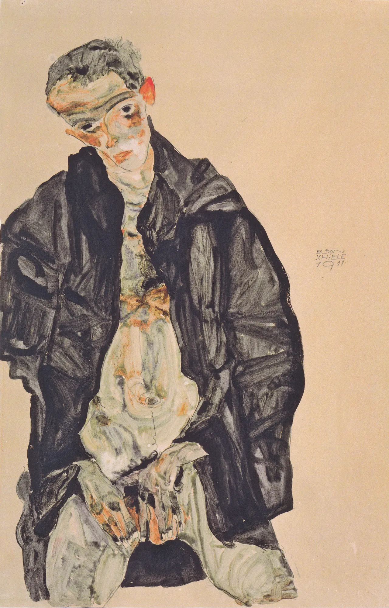 Self-Portrait as Half-Nude in Black Jacket (Selbstbildnis als Halbakt in schwarzer Jacke) Self-Portrait as Half-Nude in Black Jacket (Selbstbildnis als Halbakt in schwarzer Jacke) by Egon Schiele. An expressive self-portrait of a man with an exposed torso wearing an open black jacket, rendered in bold lines and muted tones.