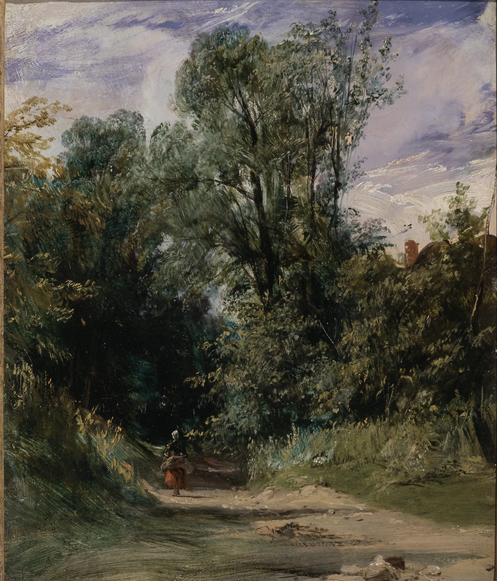 A Wooded Lane A Wooded Lane by Richard Parkes Bonington. A lone figure walks down a sun-dappled dirt path through a dense, tall woodland under a cloudy sky.
