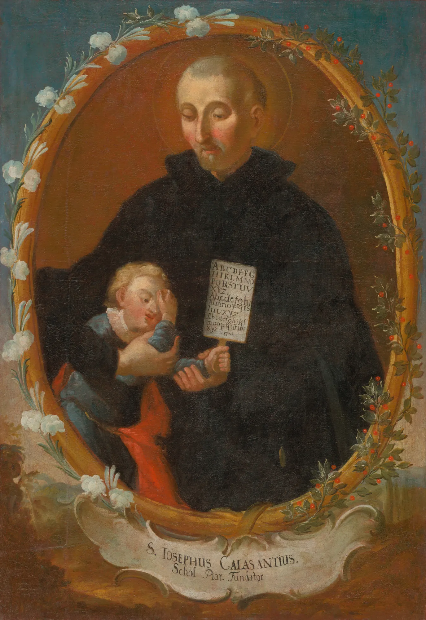 Saint Joseph Calasanz Saint Joseph Calasanz by Unknown Artist. An 18th-century oil painting depicting Saint Joseph Calasanz in a dark habit, holding an alphabet board beside a young child, framed within a painted floral oval.